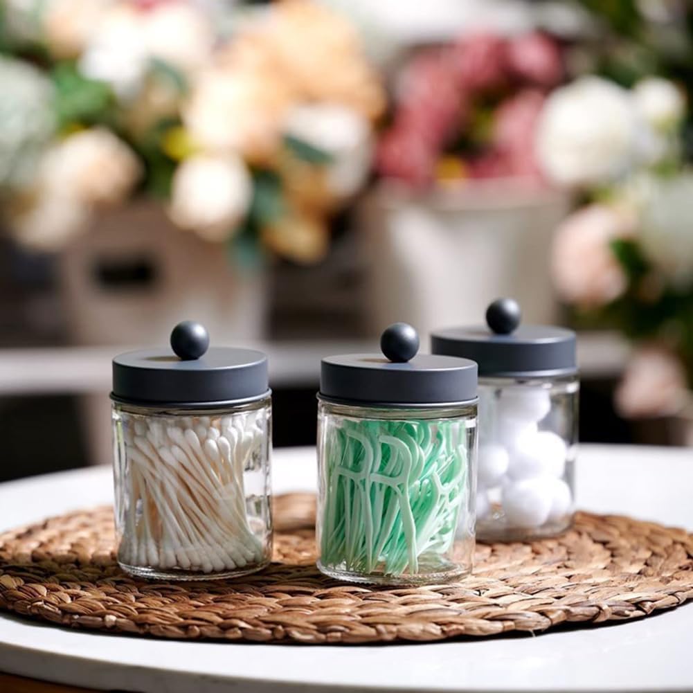 280ml Transparent Glass Jar with Black Lid Q-tip Dispenser Holder