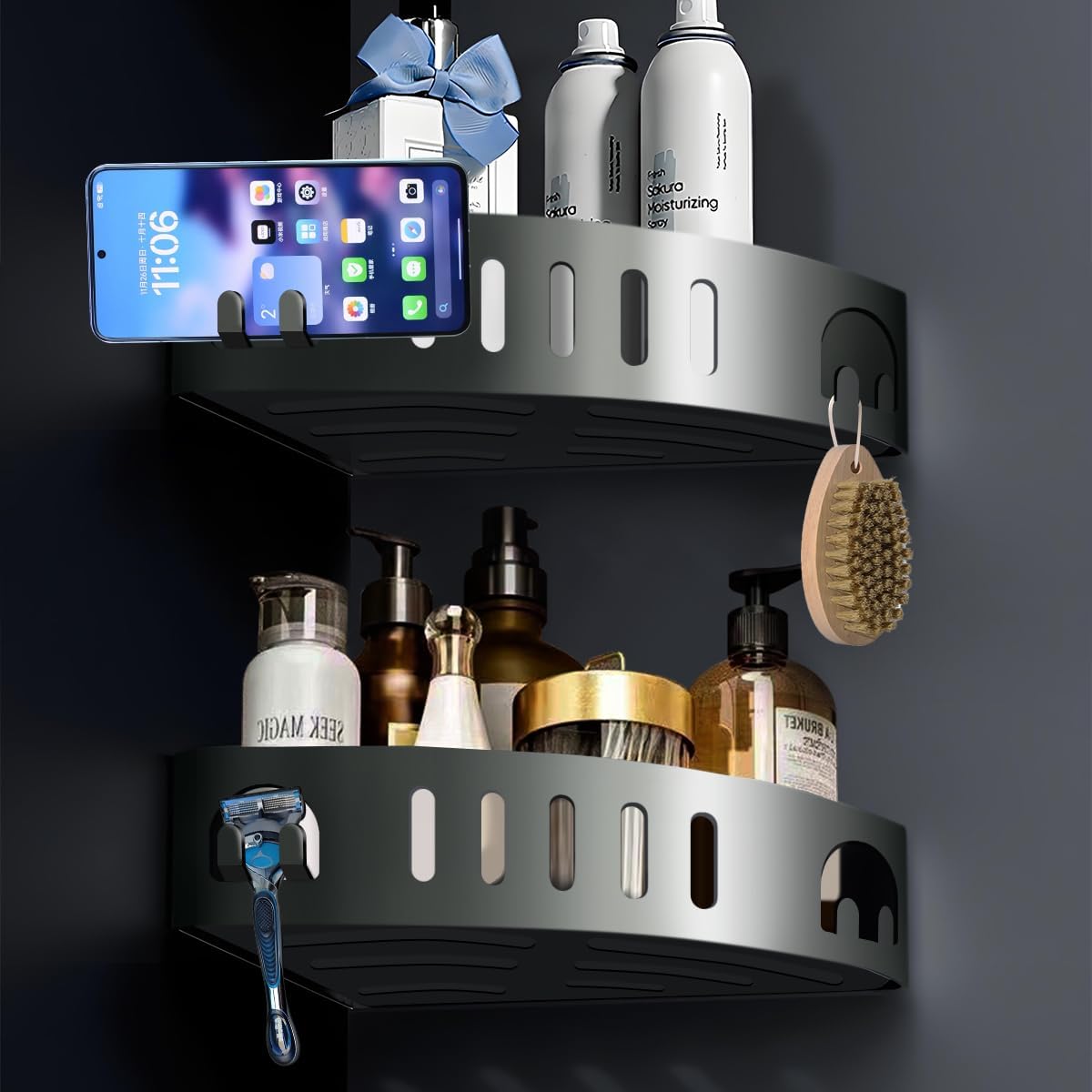 Corner Shower Caddy with Shelves Razor Holder 2 Pack Grey