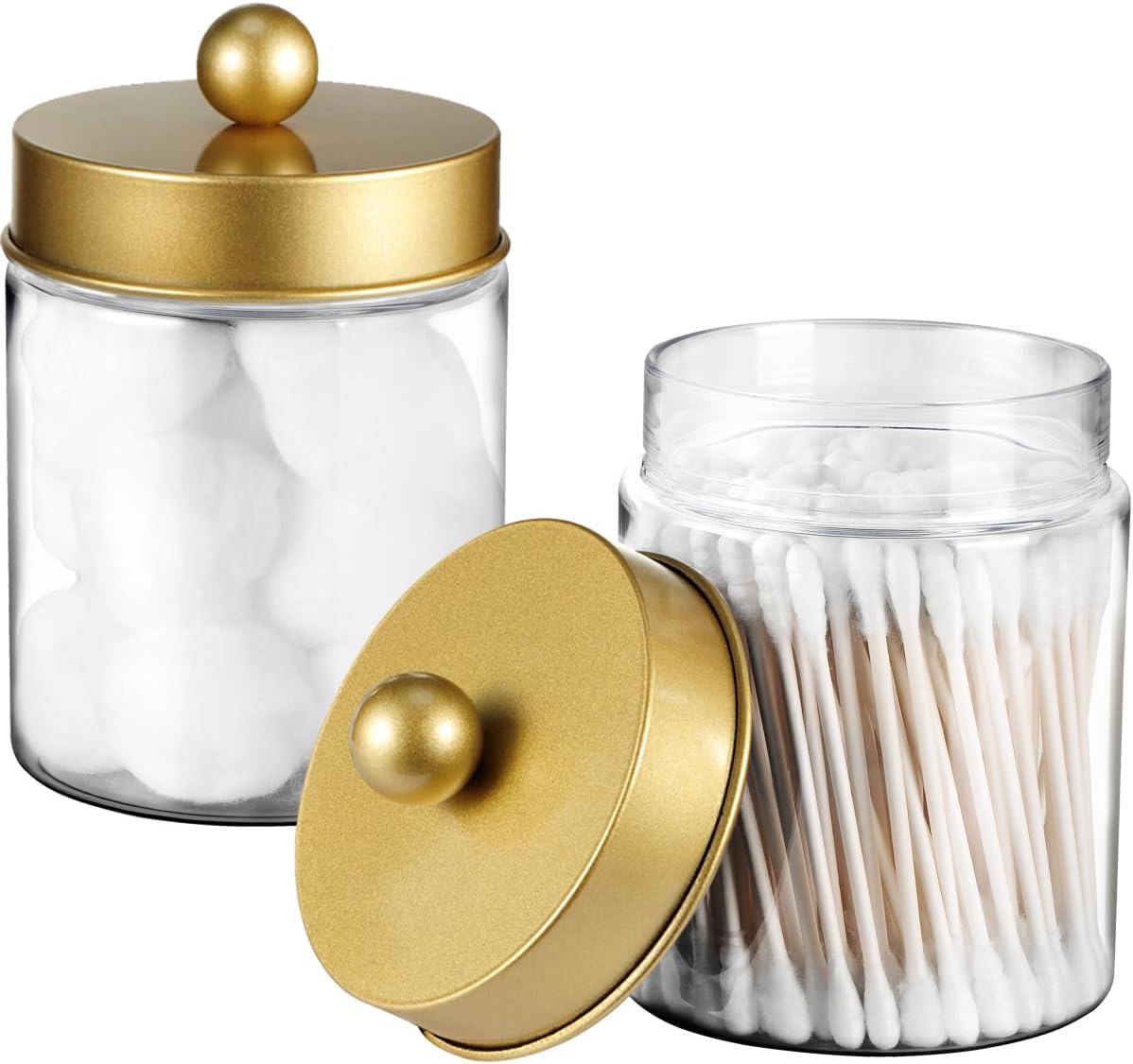 Amolliar Q-tip Holder Dispenser - 8oz Plastic Apothecary Jar Set for Bathroom Storage