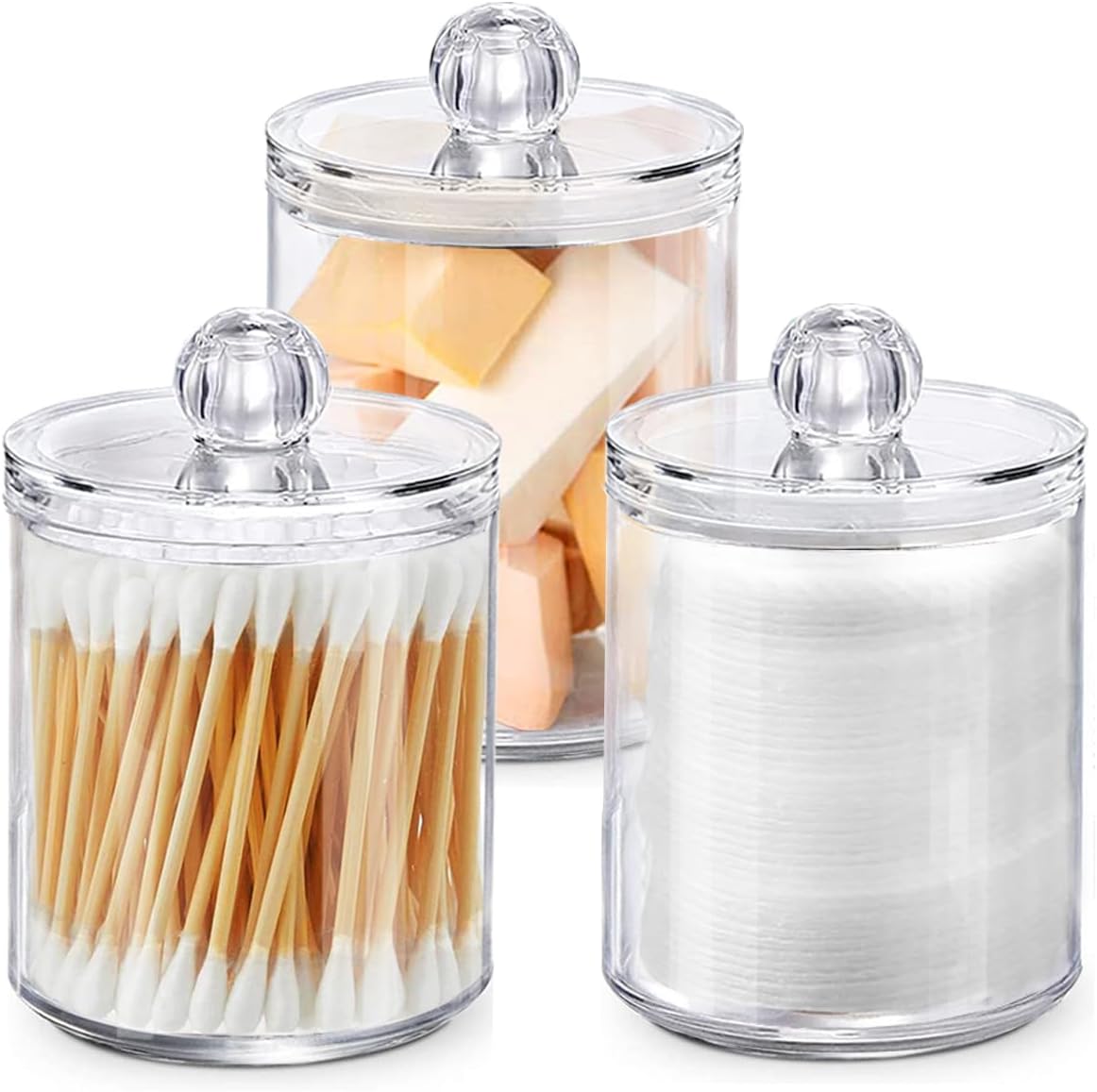 YUN-HL Qtip Holder Dispenser - 10 oz Clear Plastic Jar Set for Bathroom Vanity Storage