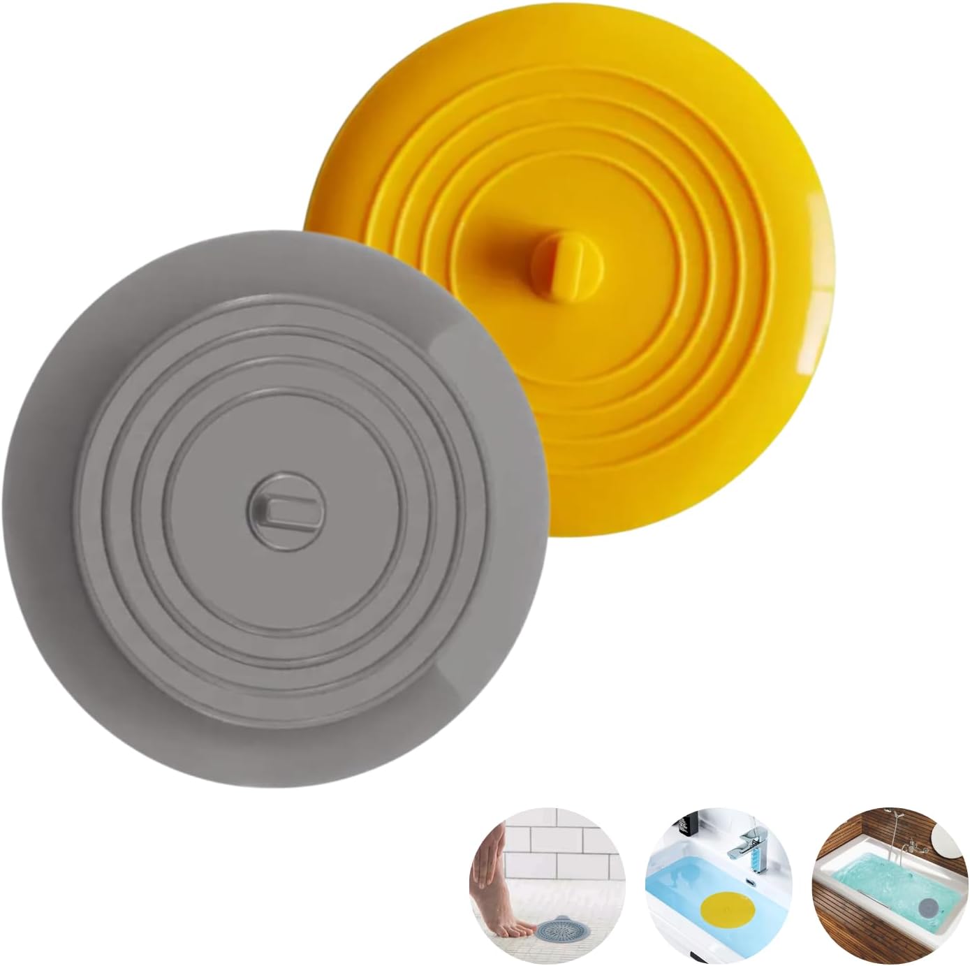 2 Pack Silicone Tub Stopper Universal Fit Yellow and Gray