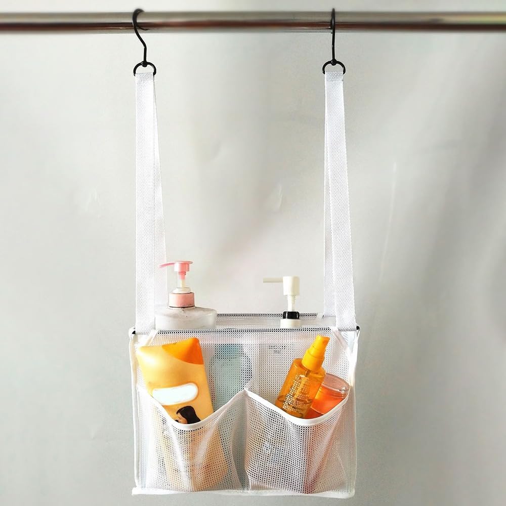 Portable Hanging Mesh Bag with 2 Hooks and 4 Pockets