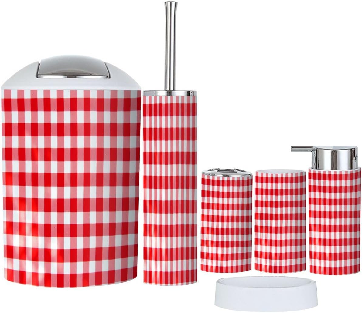 Boho Red White Gingham Bathroom Accessory Set 6 Piece 1