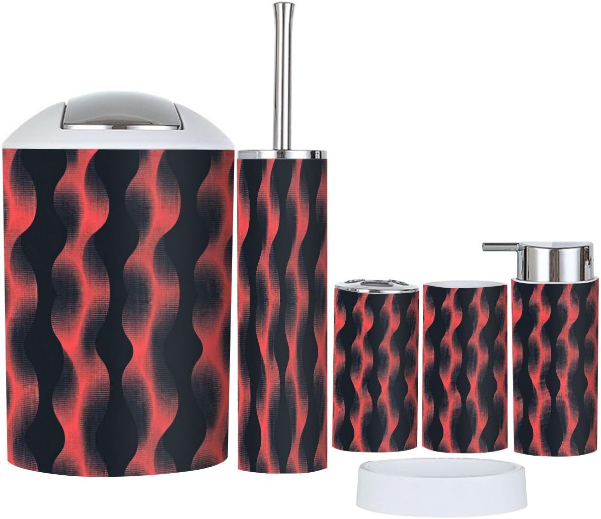 Boho Bathroom Accessory Set 6 Piece Trendy Red Black Abstract