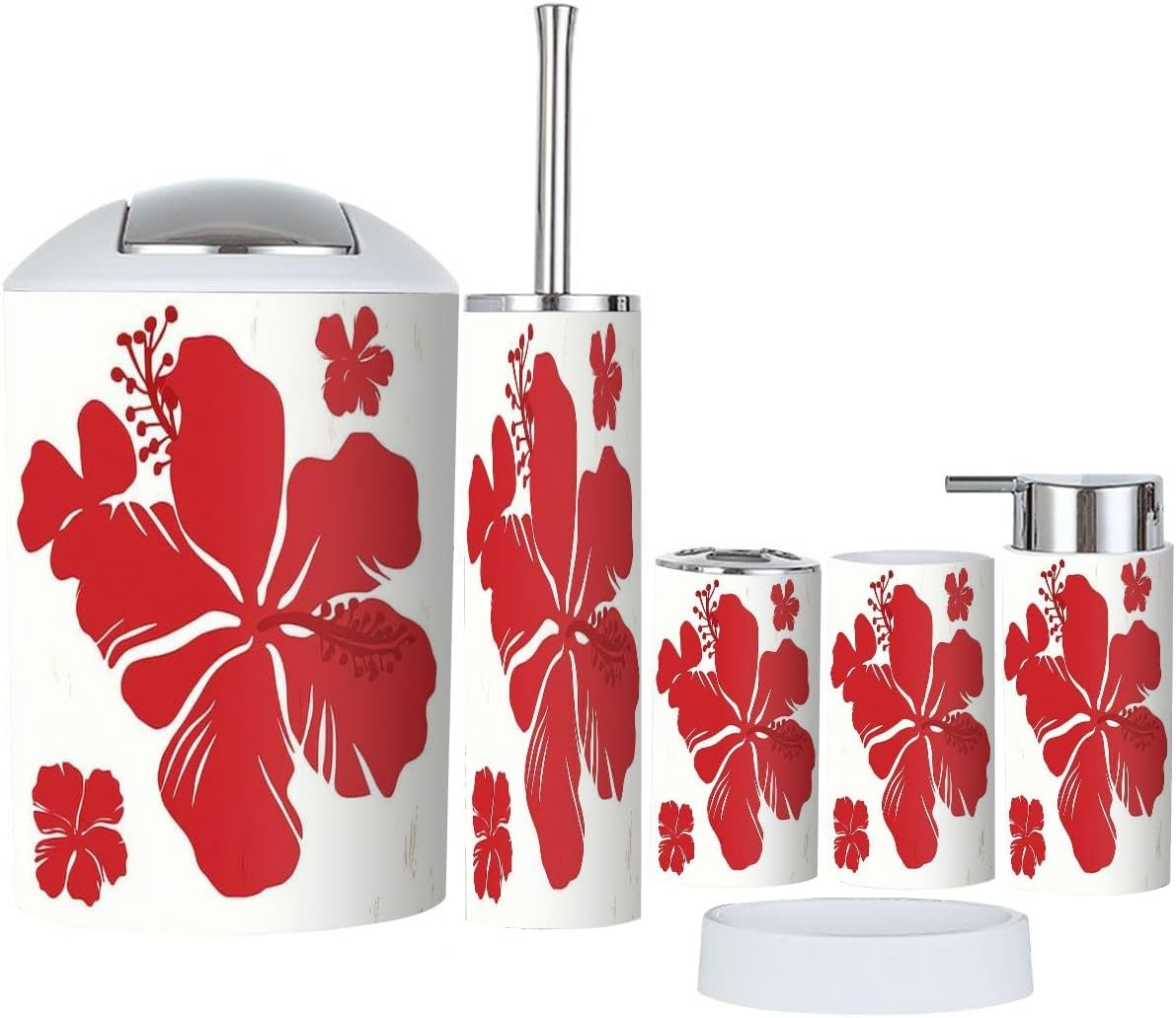 Boho Hibiscus Trash Can and Bath Accessories Set