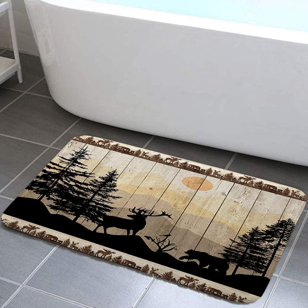NYMB Rustic Cabin Bath Rug Set 19x31in Deer Bear Forest Print