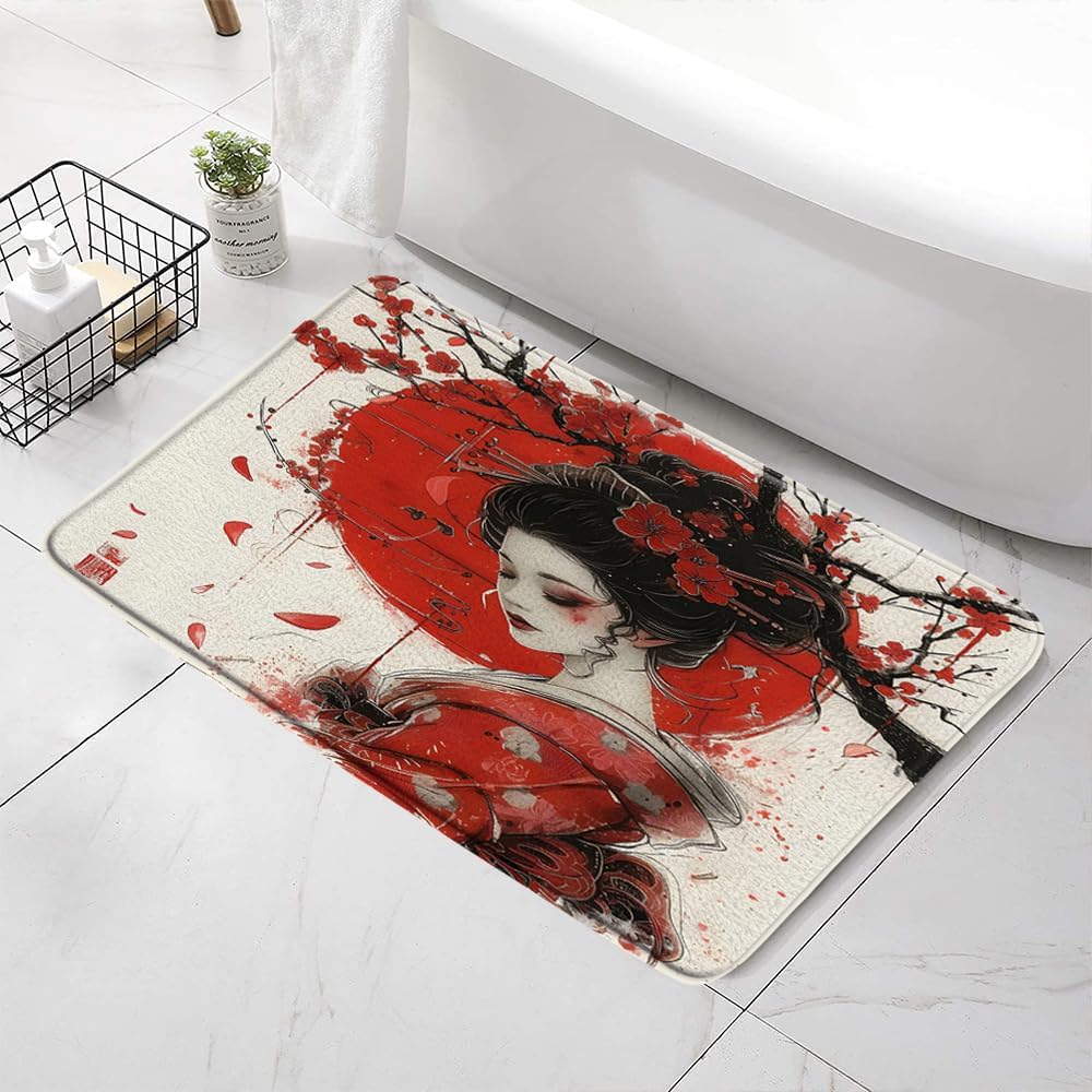 SATRTUD Japanese Geisha Bath Mat with Cherry Blossoms Design