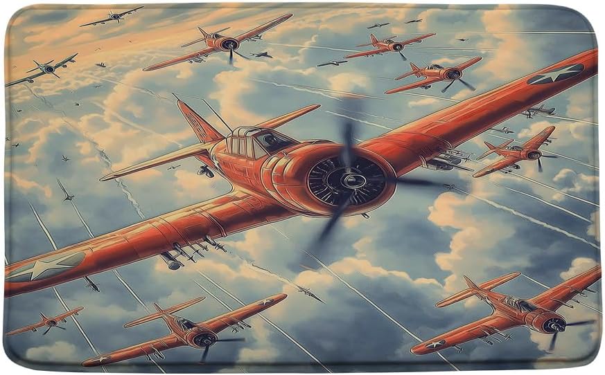 Vintage Airplane Bath Mat Retro Aircraft Flying Through Clouds Aviation Themed 16x24 Inch