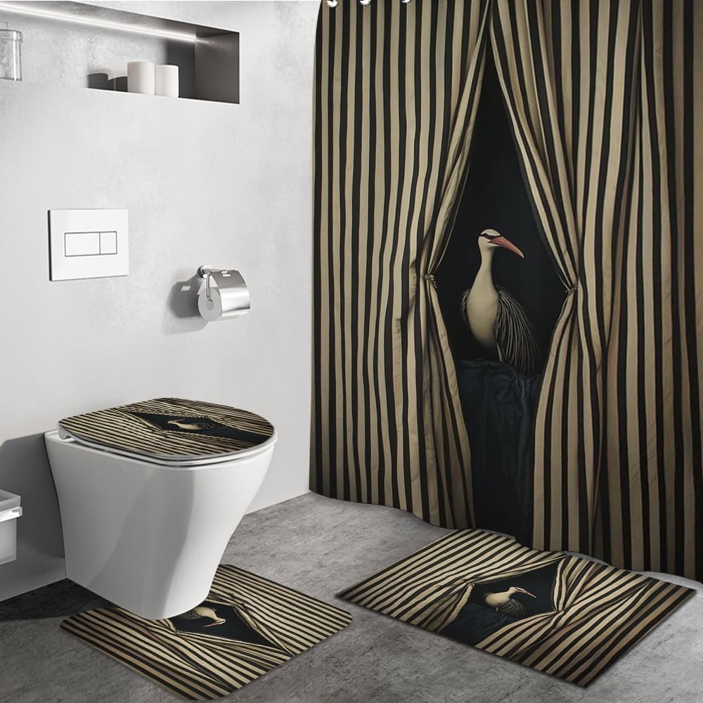 GUBIYU 4PCS Funny Animal Shower Curtain Set with Rug