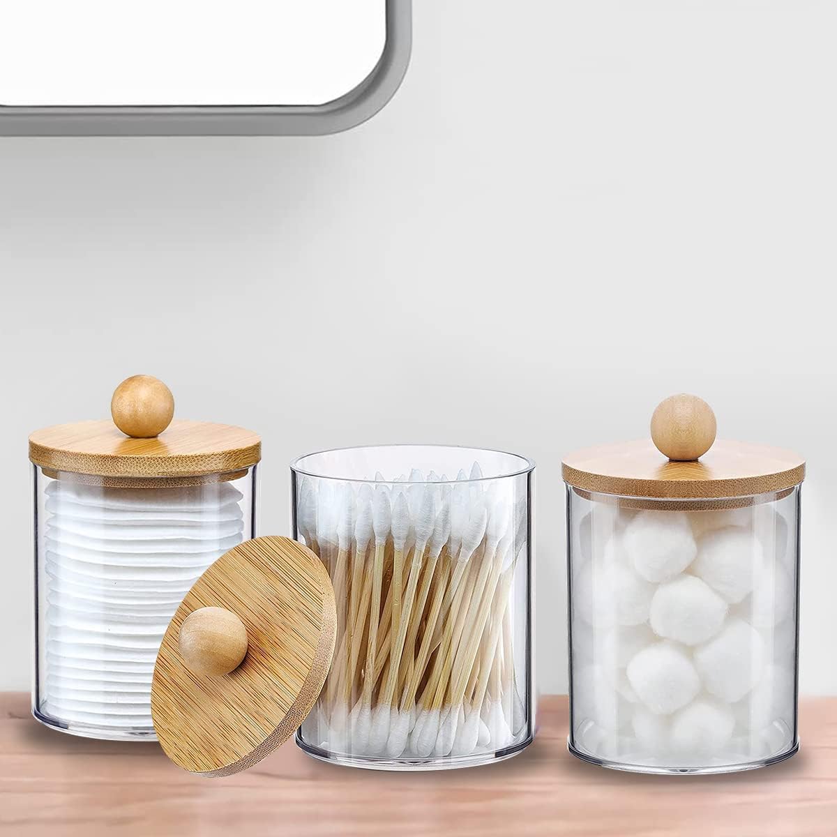 3Pcs Qtip HolderDispenser with Bamboo Lids
