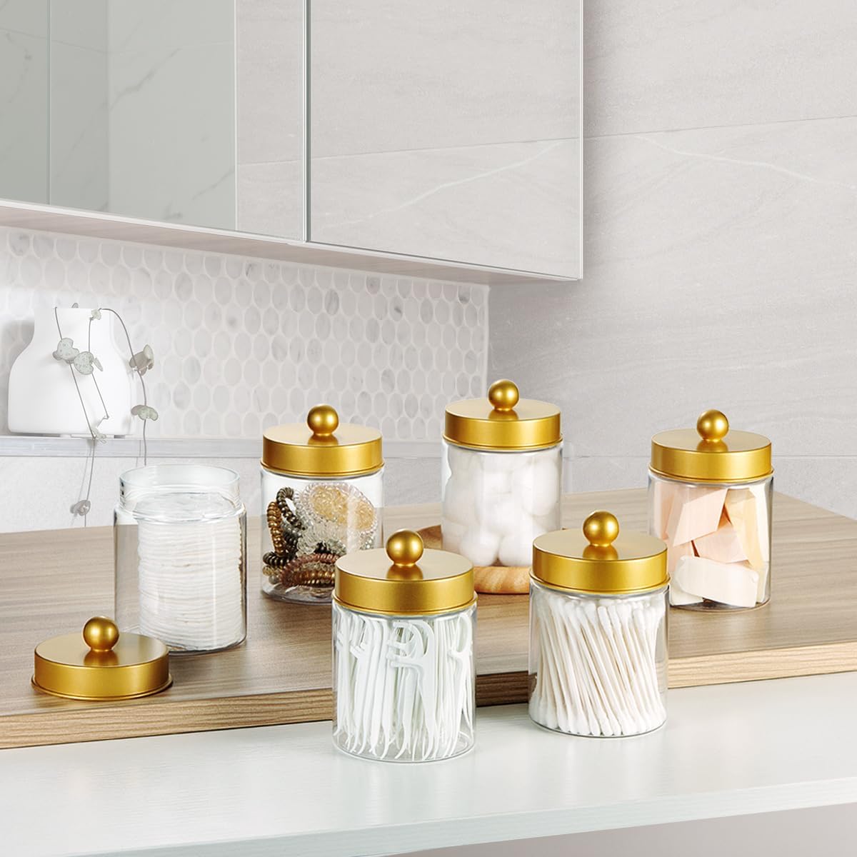 Amolliar Q-tip Holder Dispenser - 8oz Plastic Apothecary Jar Set for Bathroom Storage