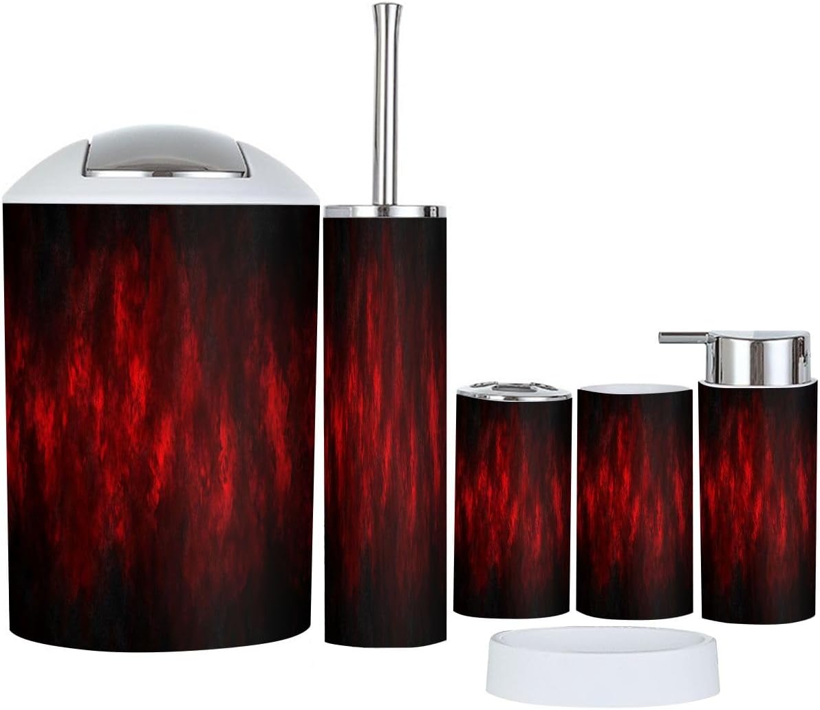 Boho Marbled Red Black Lava Stone Bathroom Accessory Set