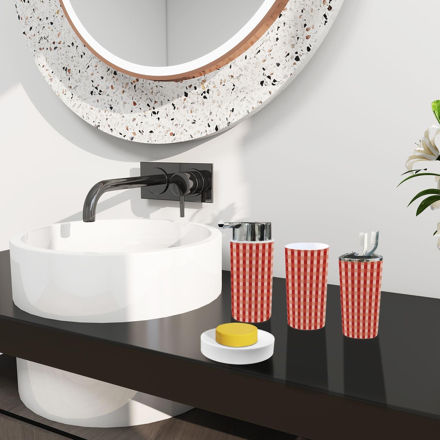 Boho Red Gingham Bathroom Accessories Set 6 Piece