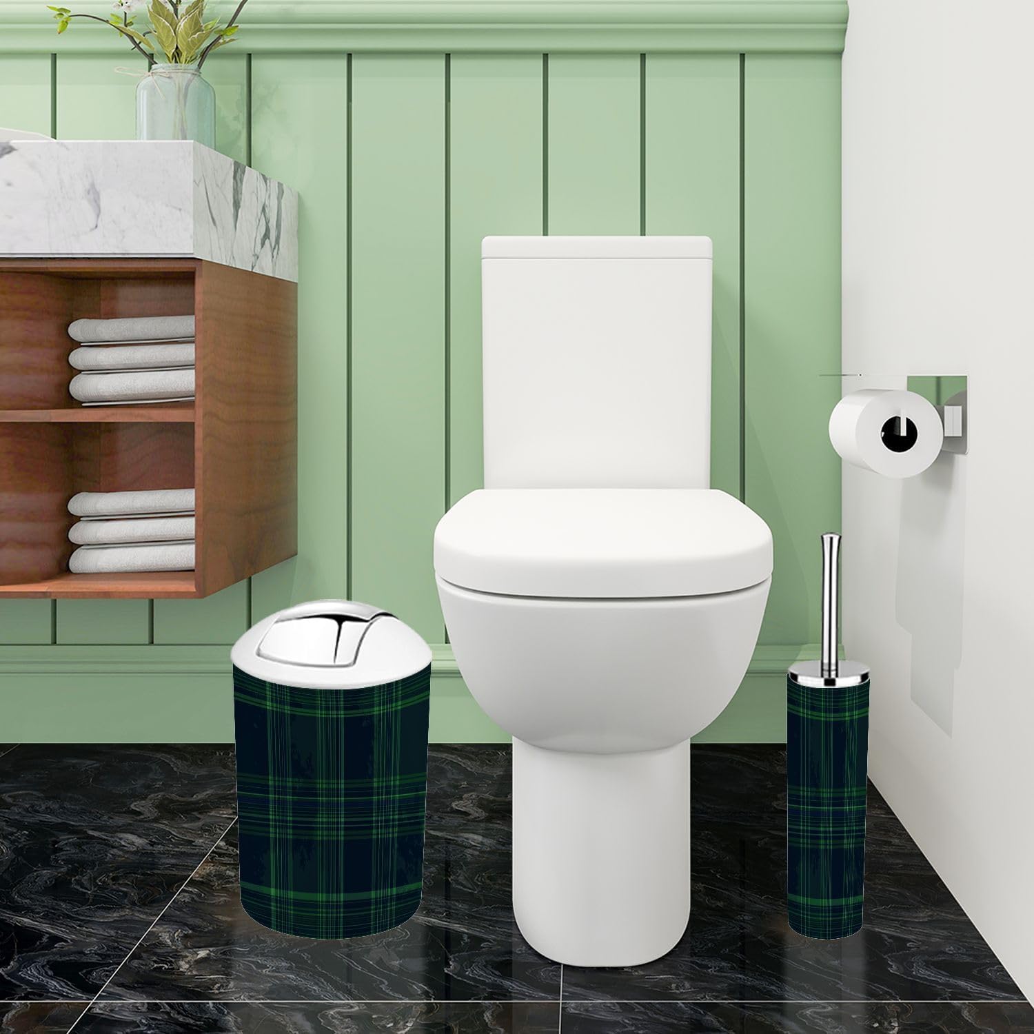 Boho Blue Green Tartan Plaid 6-Piece Bathroom Accessory Set