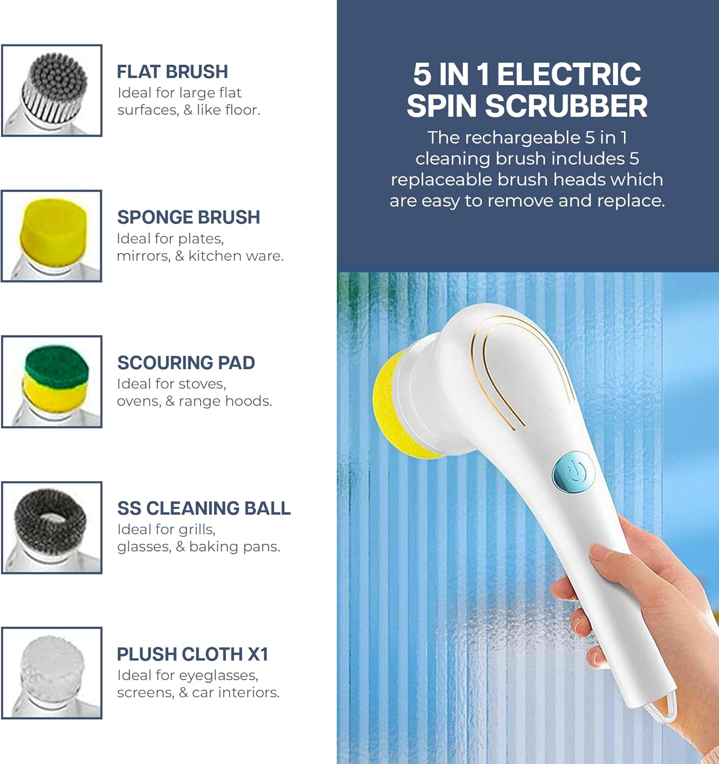 ZZ LIFE 5-in-1 Electric Scrubber with 5 Replaceable Heads