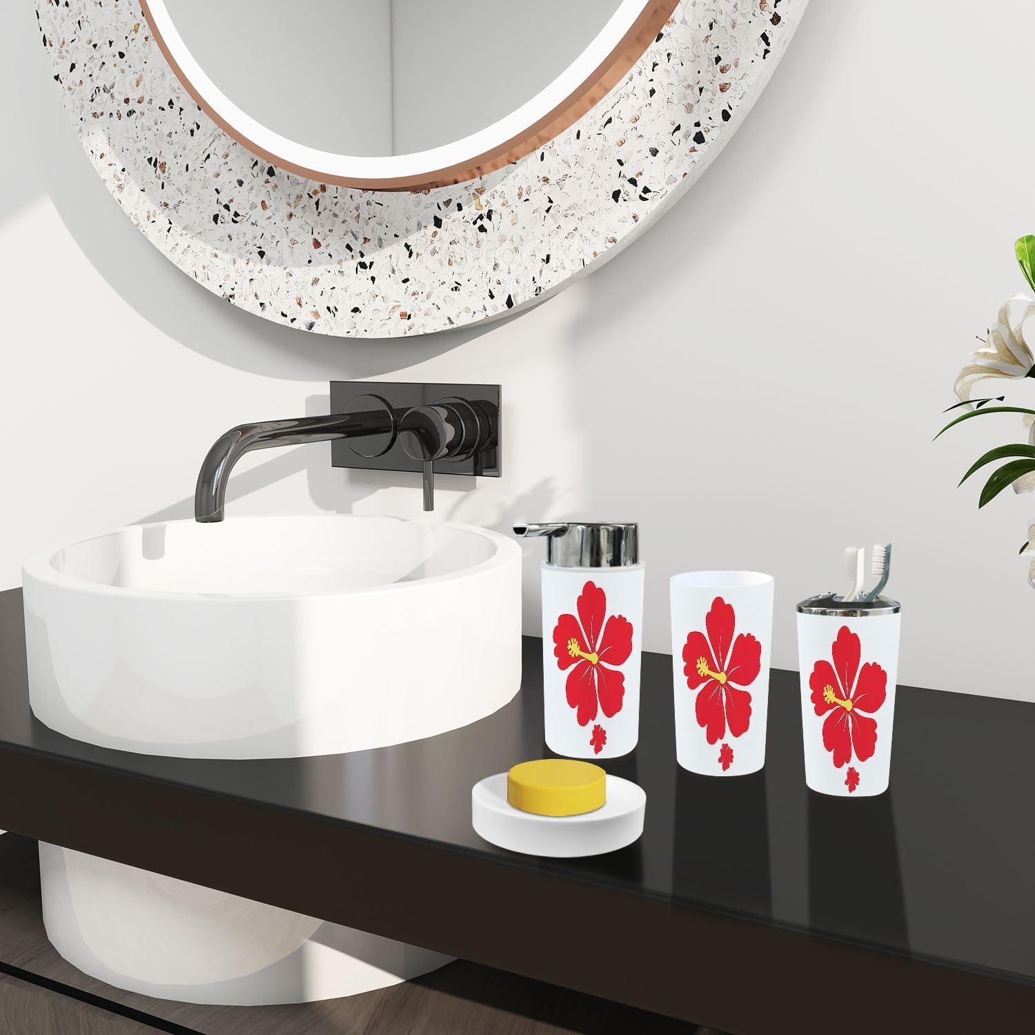Bathroom Accessory Set 6 Piece Boho Tropical Style