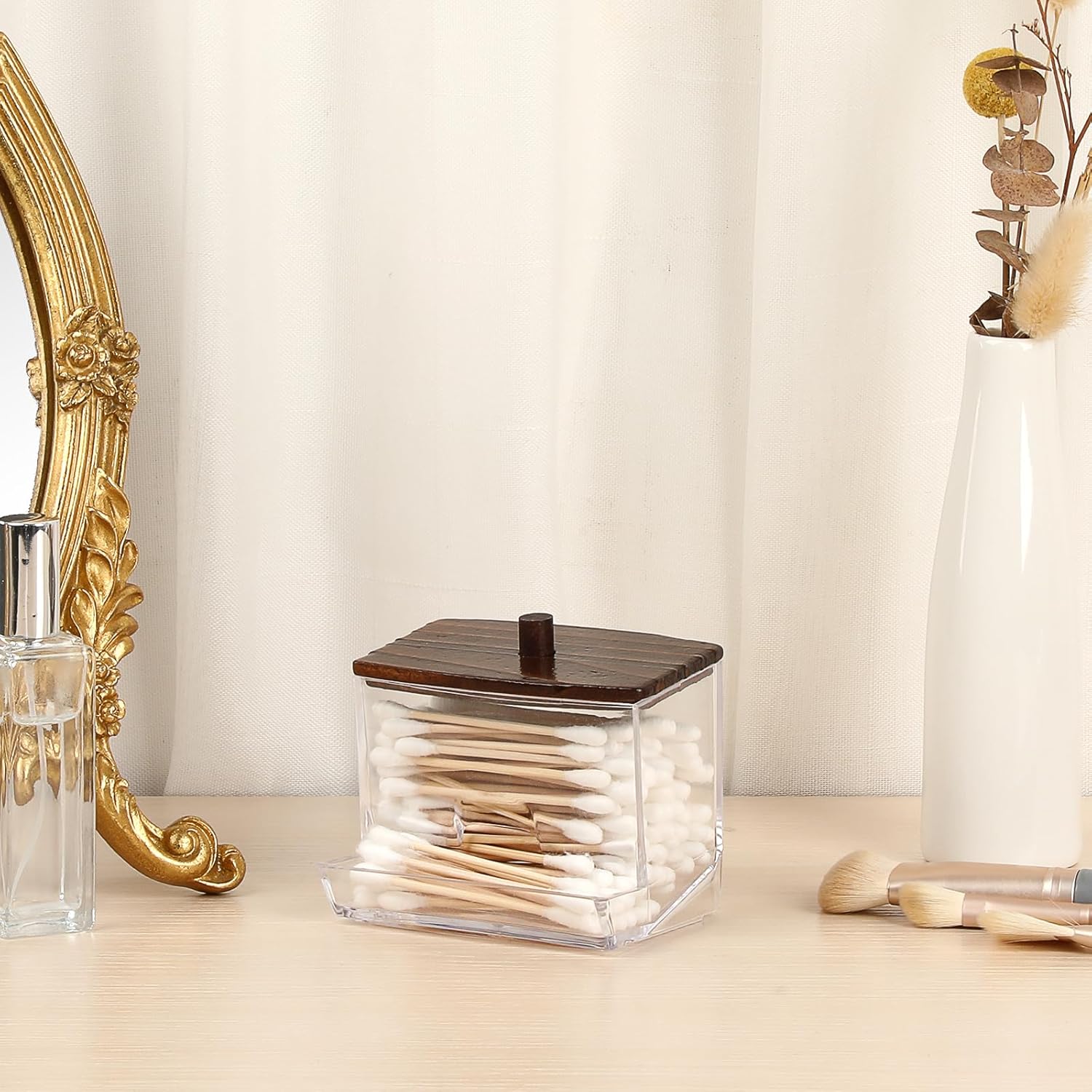 Hipiwe Clear Acrylic Q-Tip Holder with Wood Lid