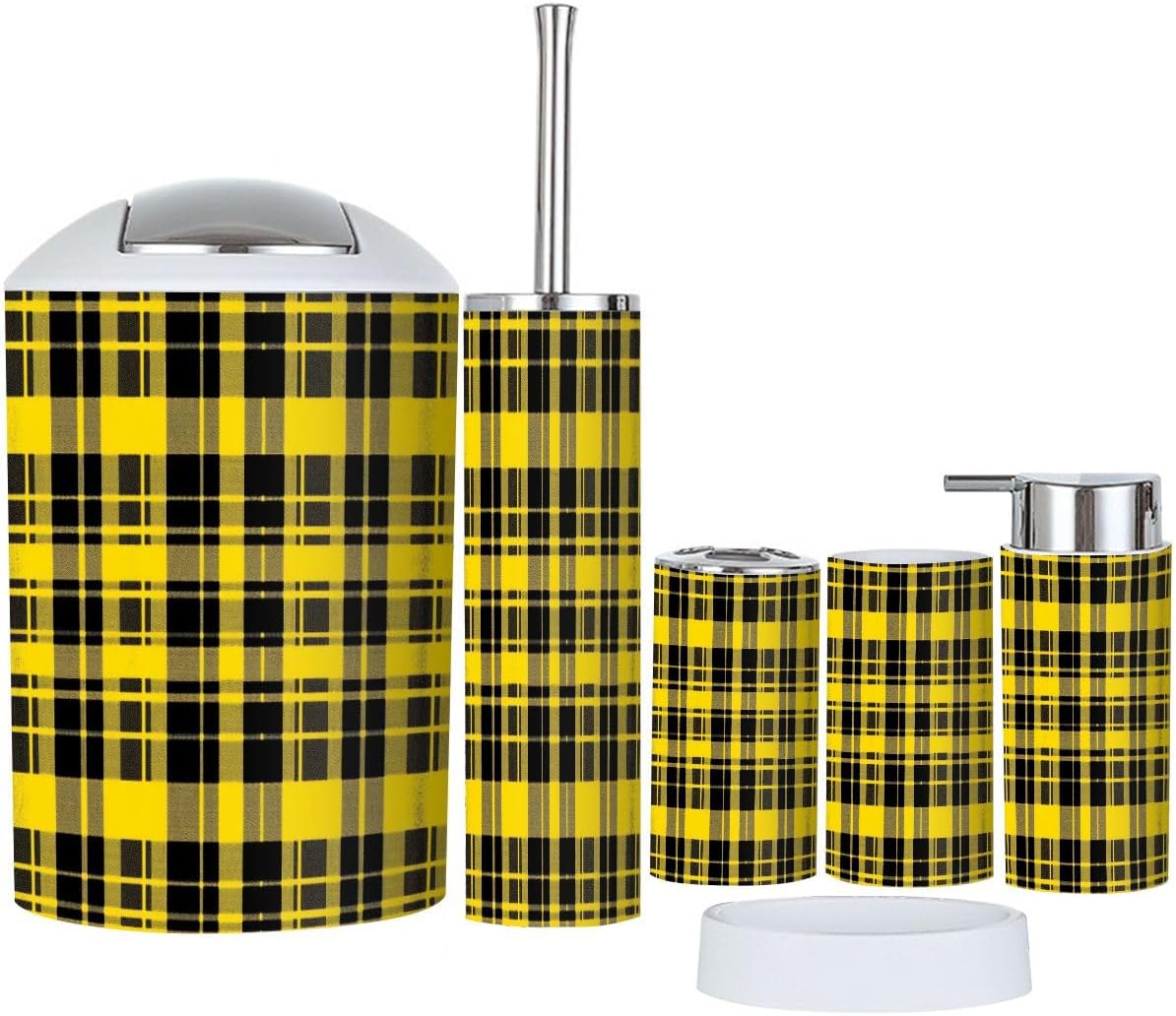 Boho Yellow Black Tartan Bathroom Accessory Set 6 Piece 1