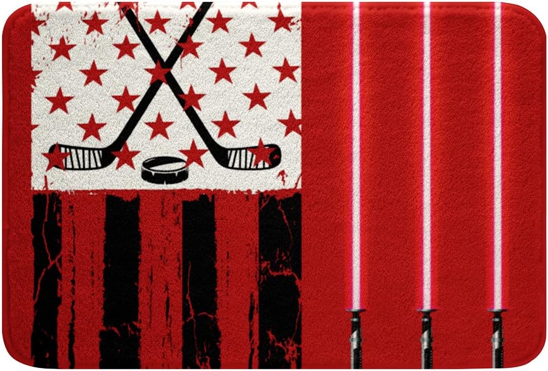 Ice Hockey Red Velvet Door Mat 24x16 Inch