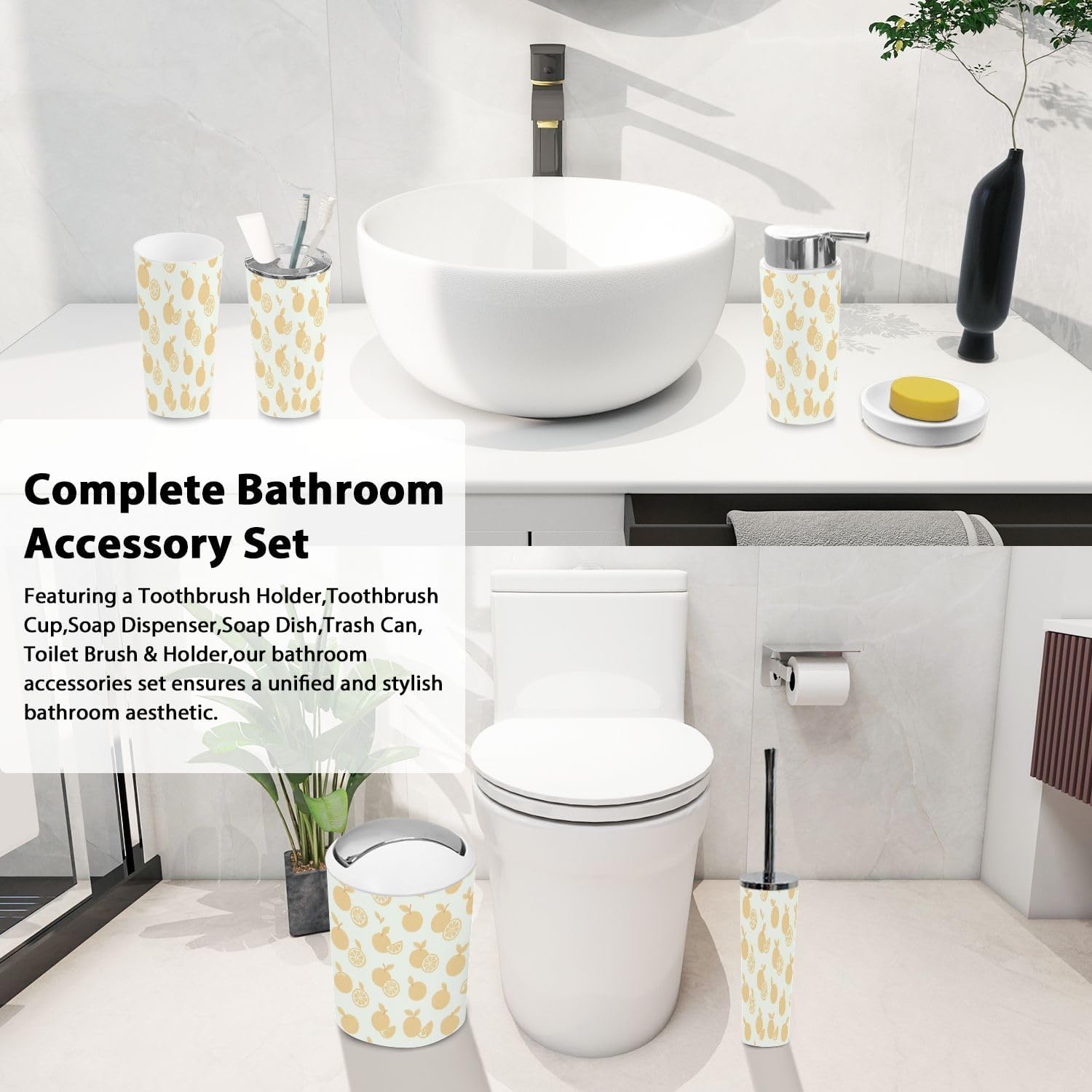 6-Piece Boho Flat Orange Tropical Fruit Bathroom Accessory Set
