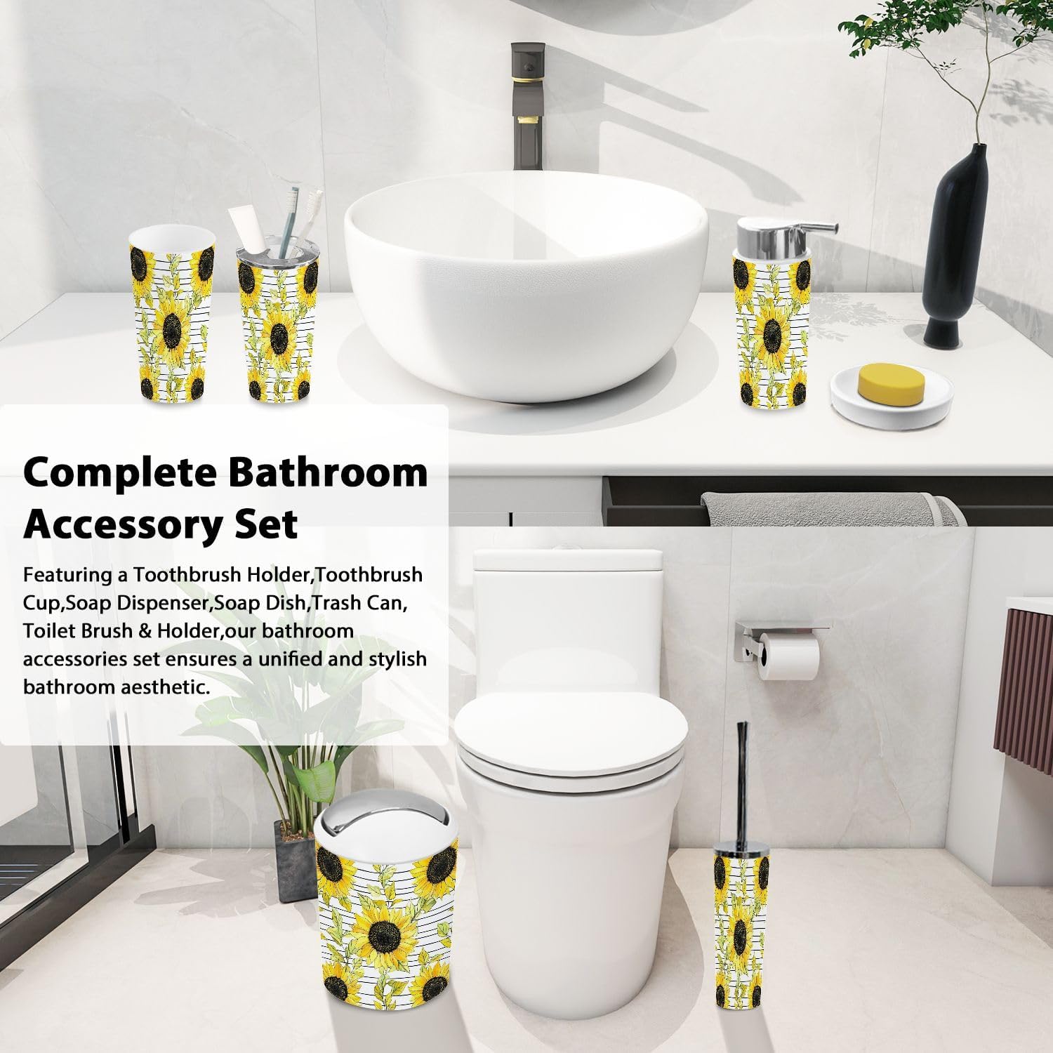 Boho Sunflowers Bathroom Accessory Set 6 Piece