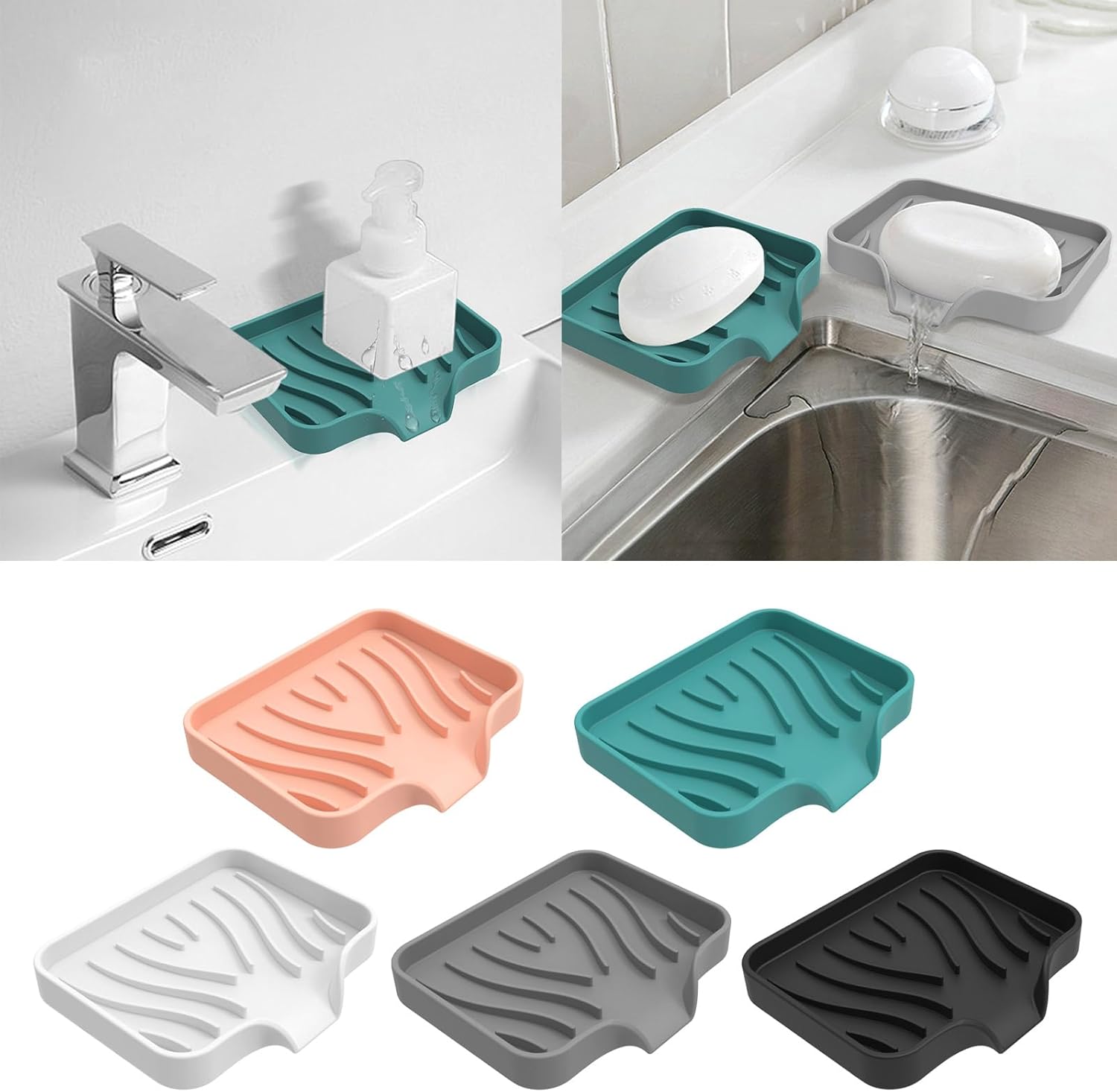 Kitchen Sink Soap Sponges Tray Self Draining Silicone Soap Holder