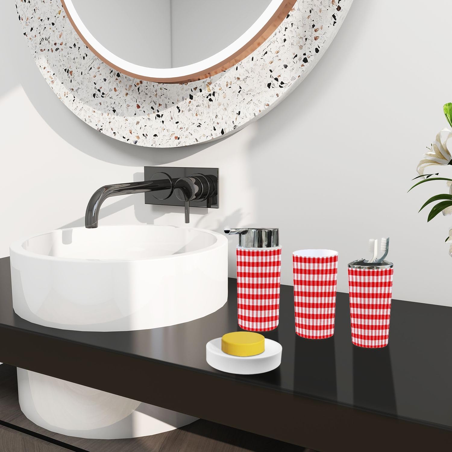 Boho Red Gingham Bathroom Accessory Set 6 Piece