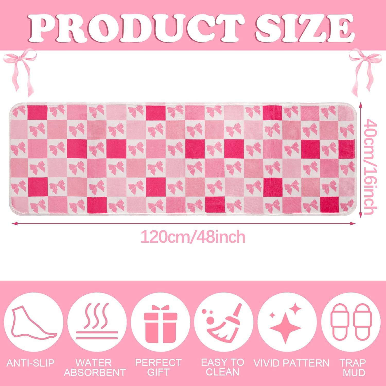 Pink Bow Bath Rug 16x48 Cozy Decor Rug