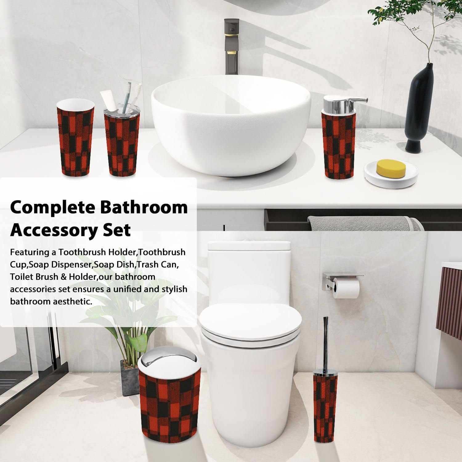TRANQDEHOM 6-Piece Boho Plaid Bathroom Accessory Set