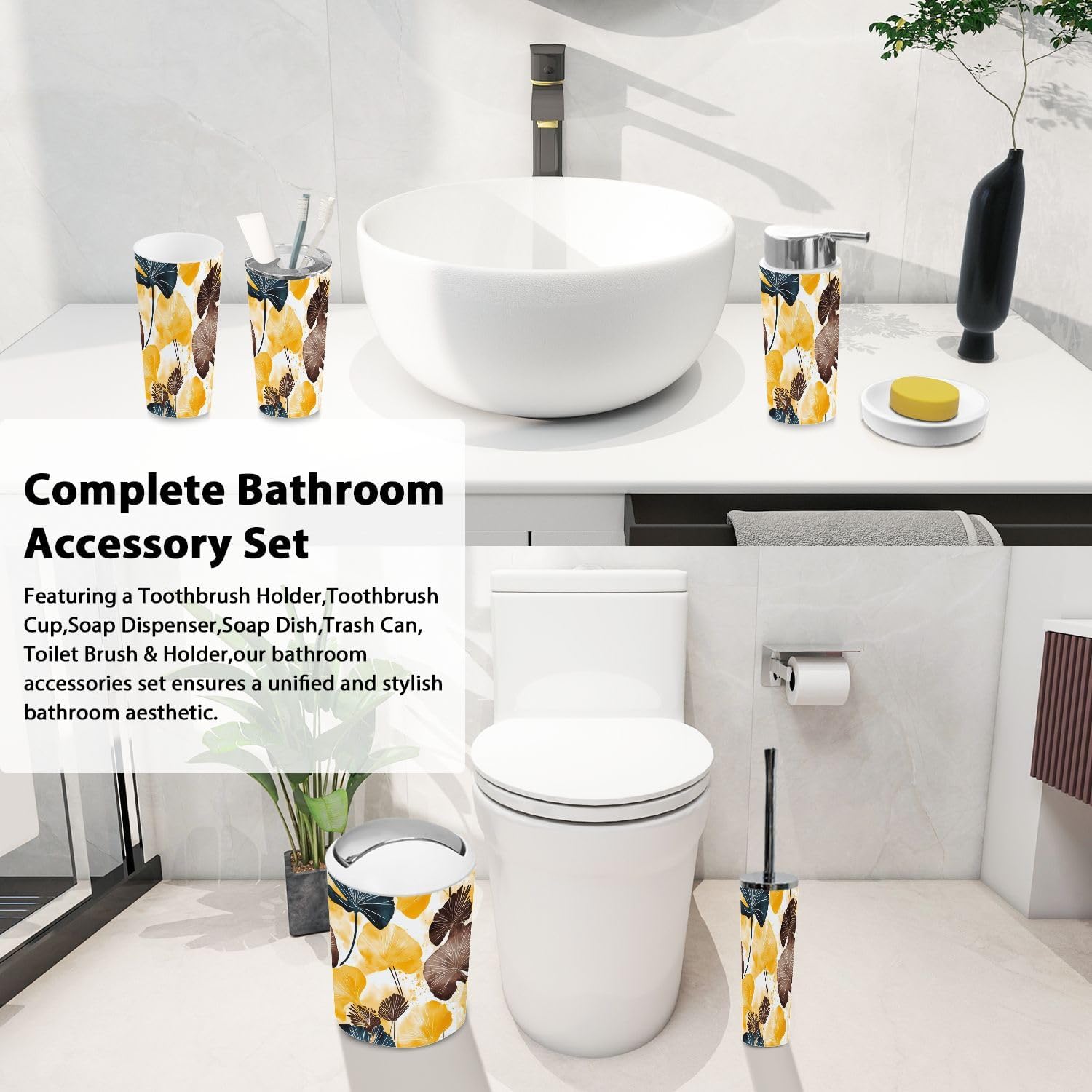 Boho Ginkgo Biloba Bathroom Accessory Set 6 Piece