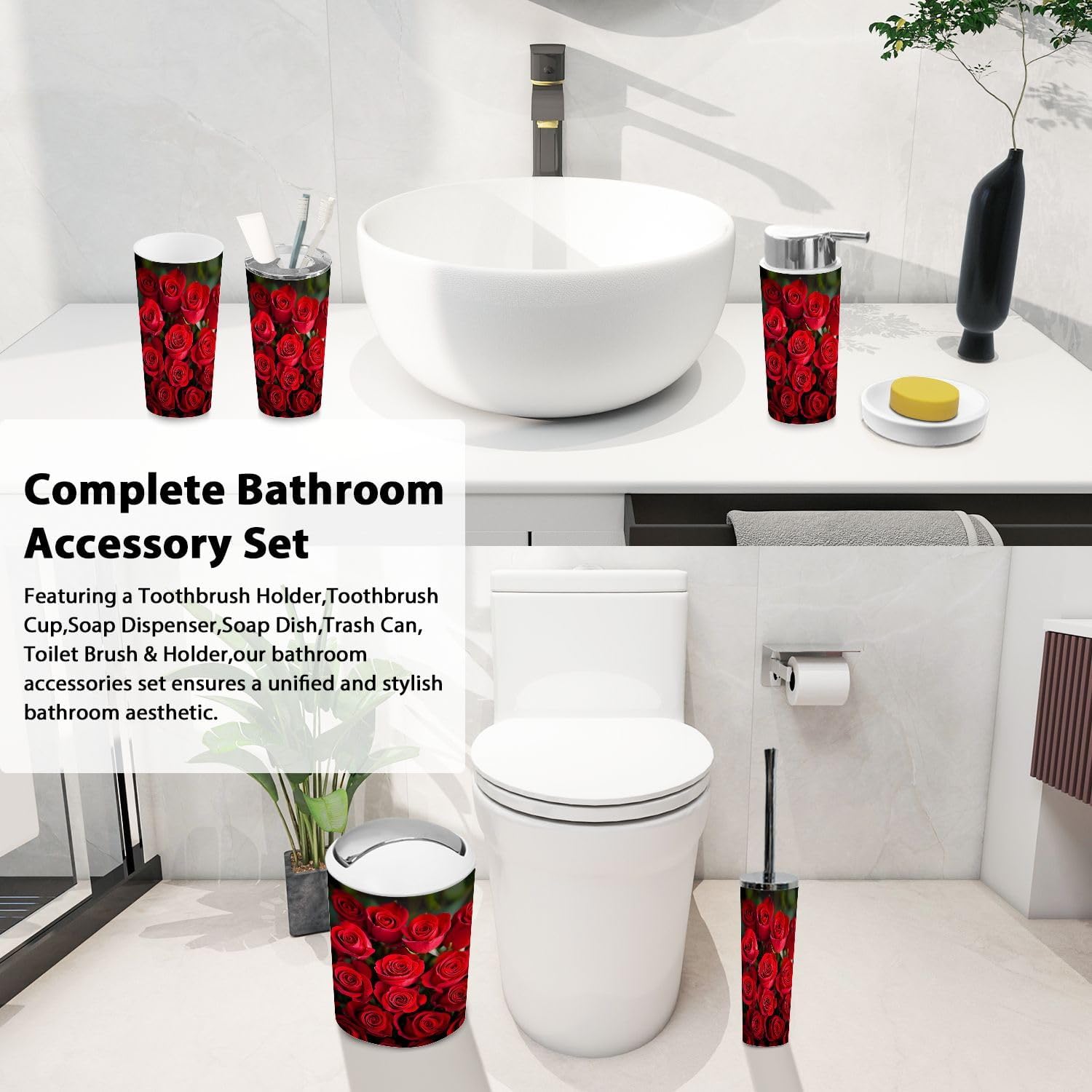 Boho 6 Piece Bathroom Accessory Set with Red Roses Design