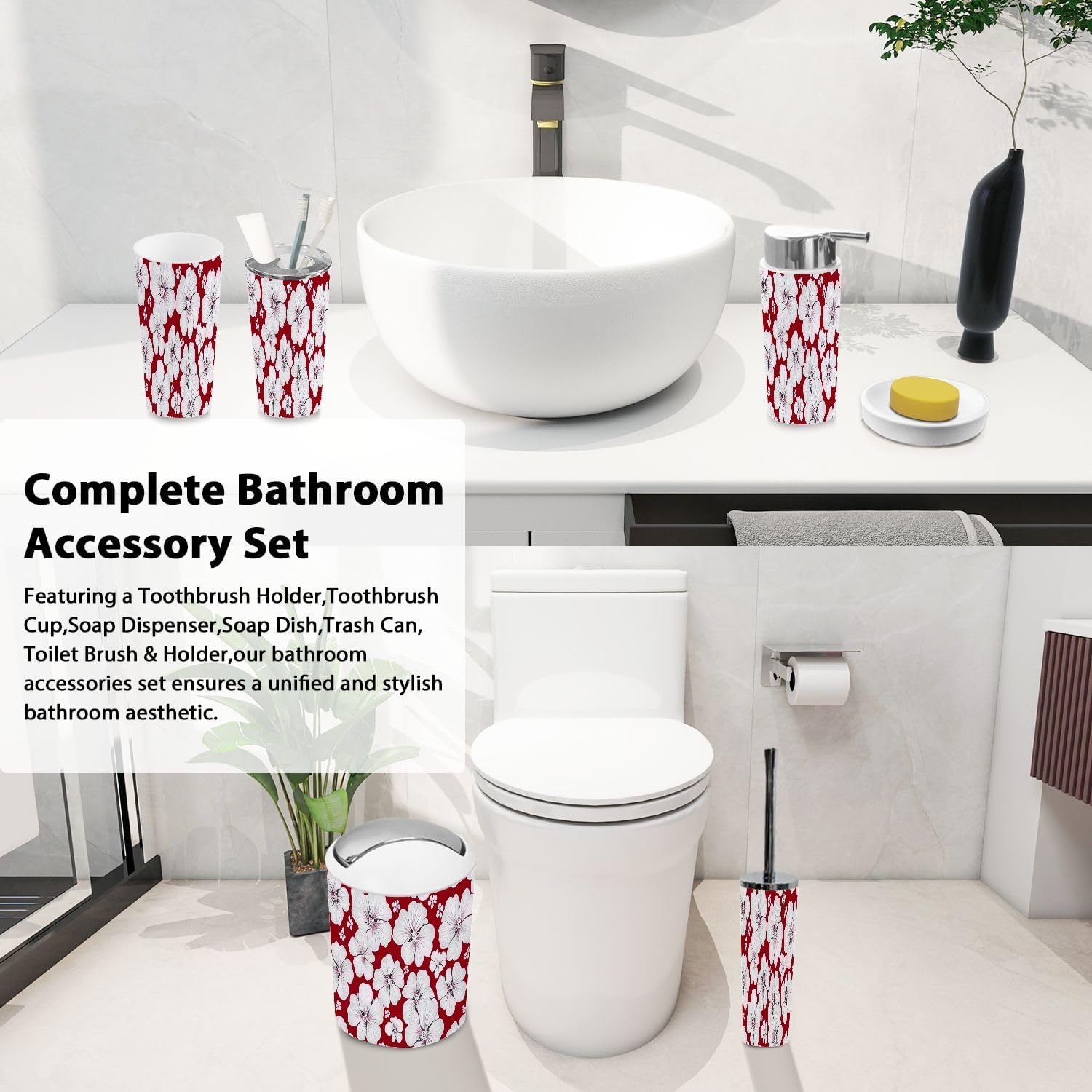 TRANQDEHOM 6-Piece Boho Floral Trash Can Set for Bathroom