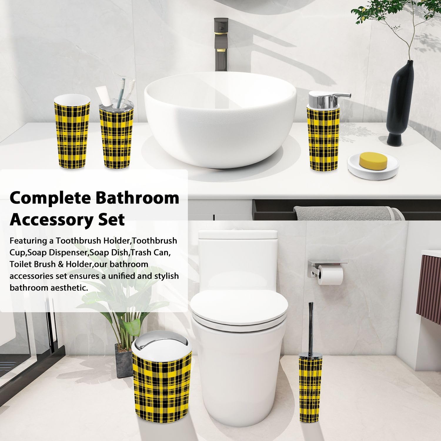 Boho Yellow Black Tartan Bathroom Accessory Set 6 Piece 1