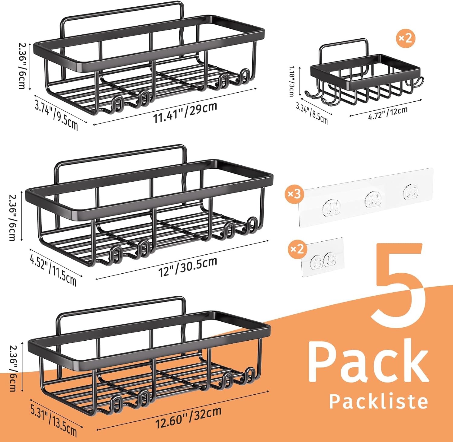 5-Pack Adhesive Shower Caddies with Rustproof Shelves