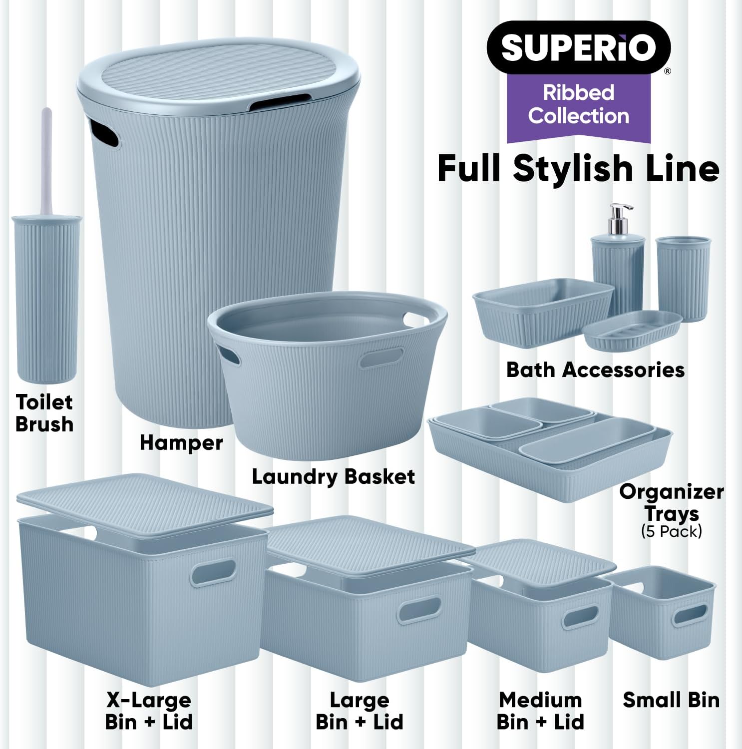 Superio Ribbed Toilet Brush with Holder Set Blue 1