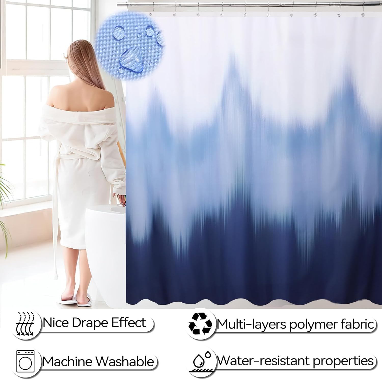 iMucci Navy Blue Bathroom Set with Shower Curtain and Rug 1