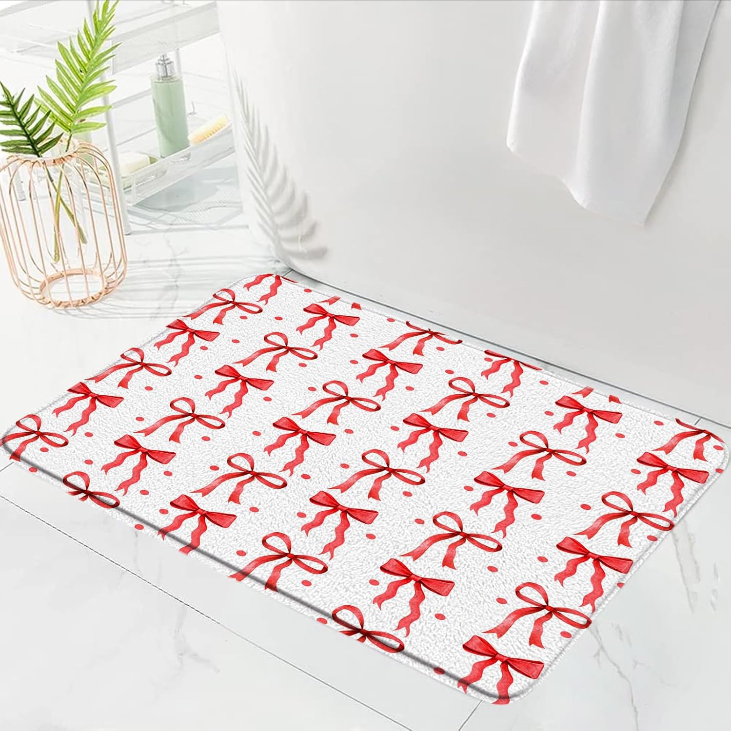 Cute Bow Bath Mat Red Polka Dot Modern Design