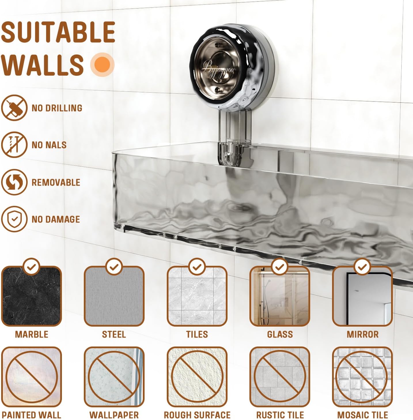 MEIGESI Acrylic Suction Cup Shower Caddy Wall Mounted No Drill Silver
