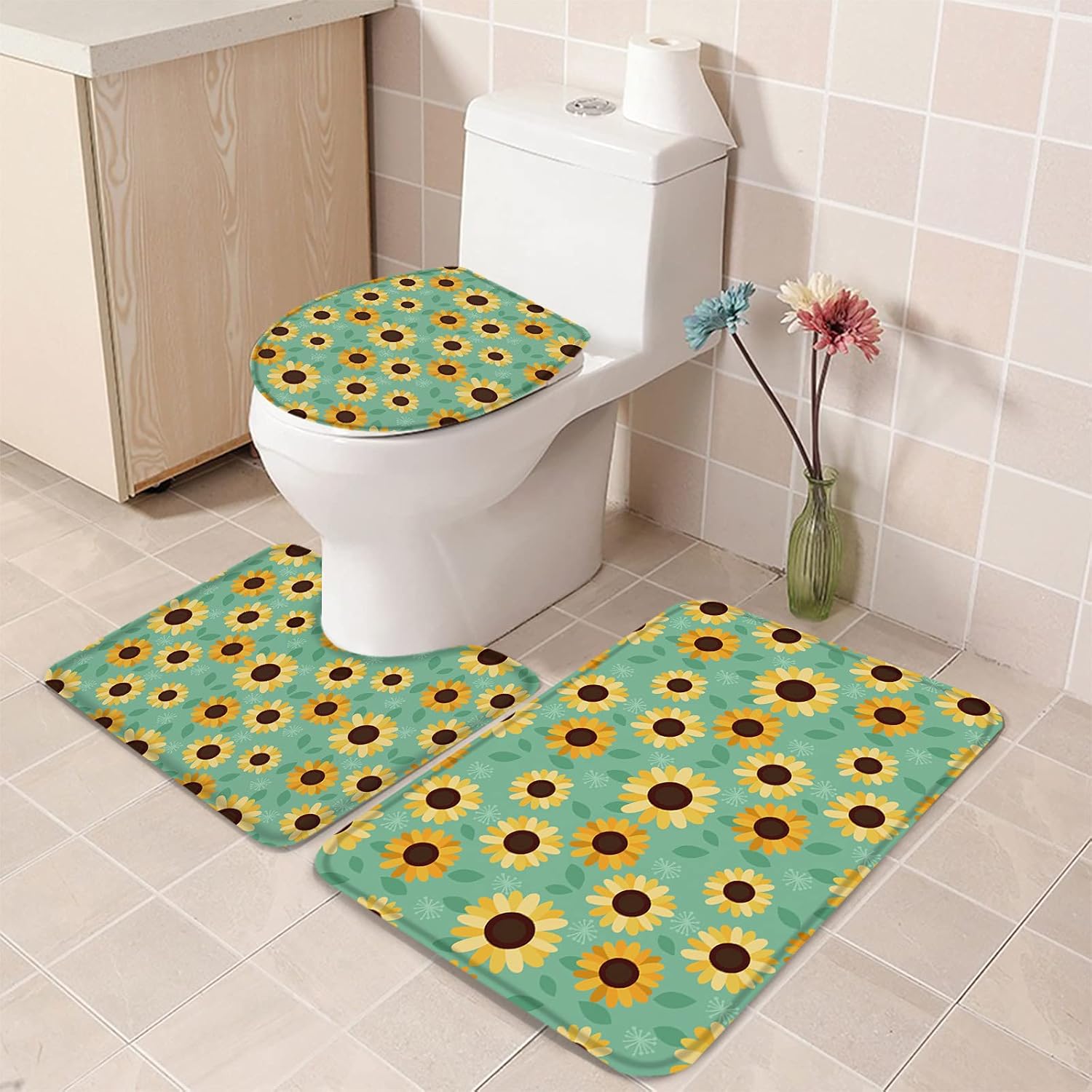 YESOF66 3 Piece Bathroom Rug Set with Non-Slip Sunflower Pattern