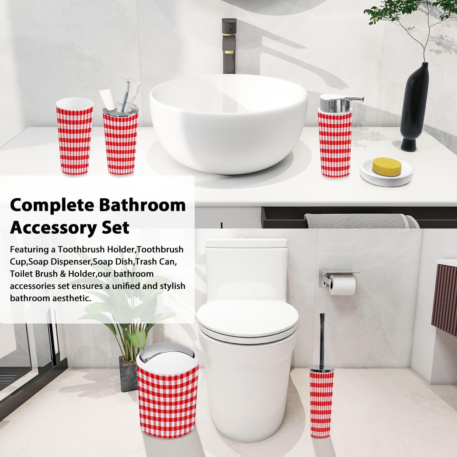 Boho Red Gingham Bathroom Accessory Set 6 Piece
