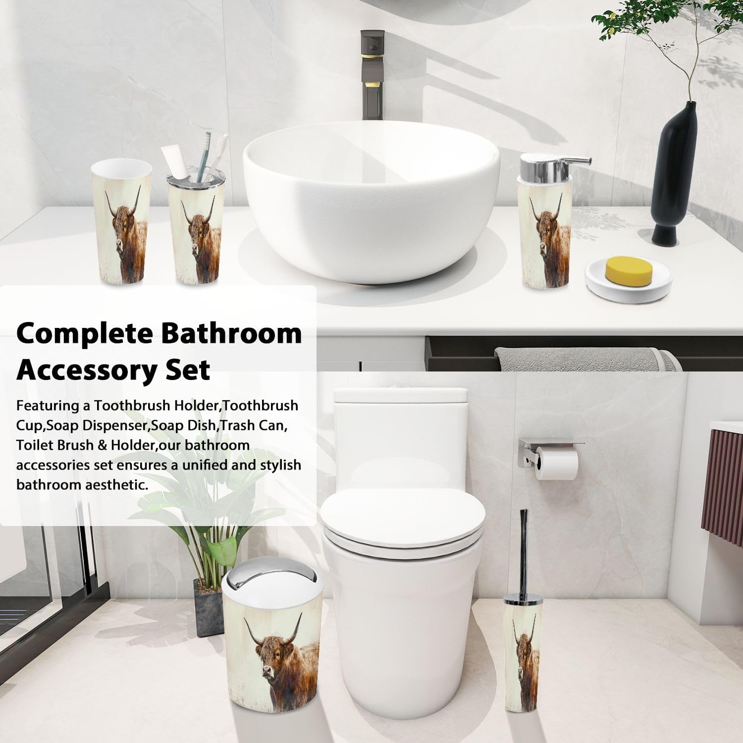 Boho Highland Cattle Bathroom Accessory Set of 6