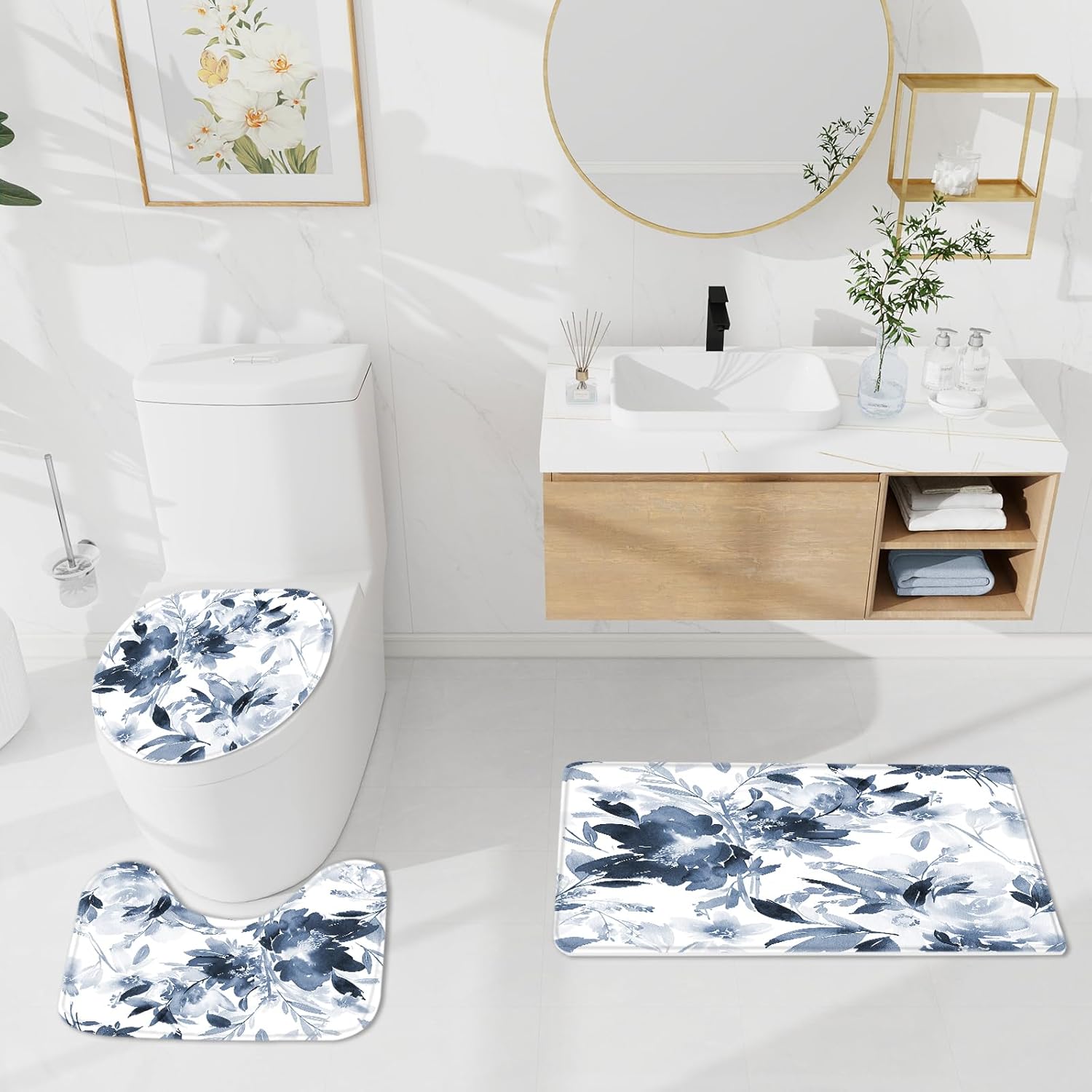 Litabel 4 Pcs Navy Floral Shower Curtain Set with Rug and Bath Mat