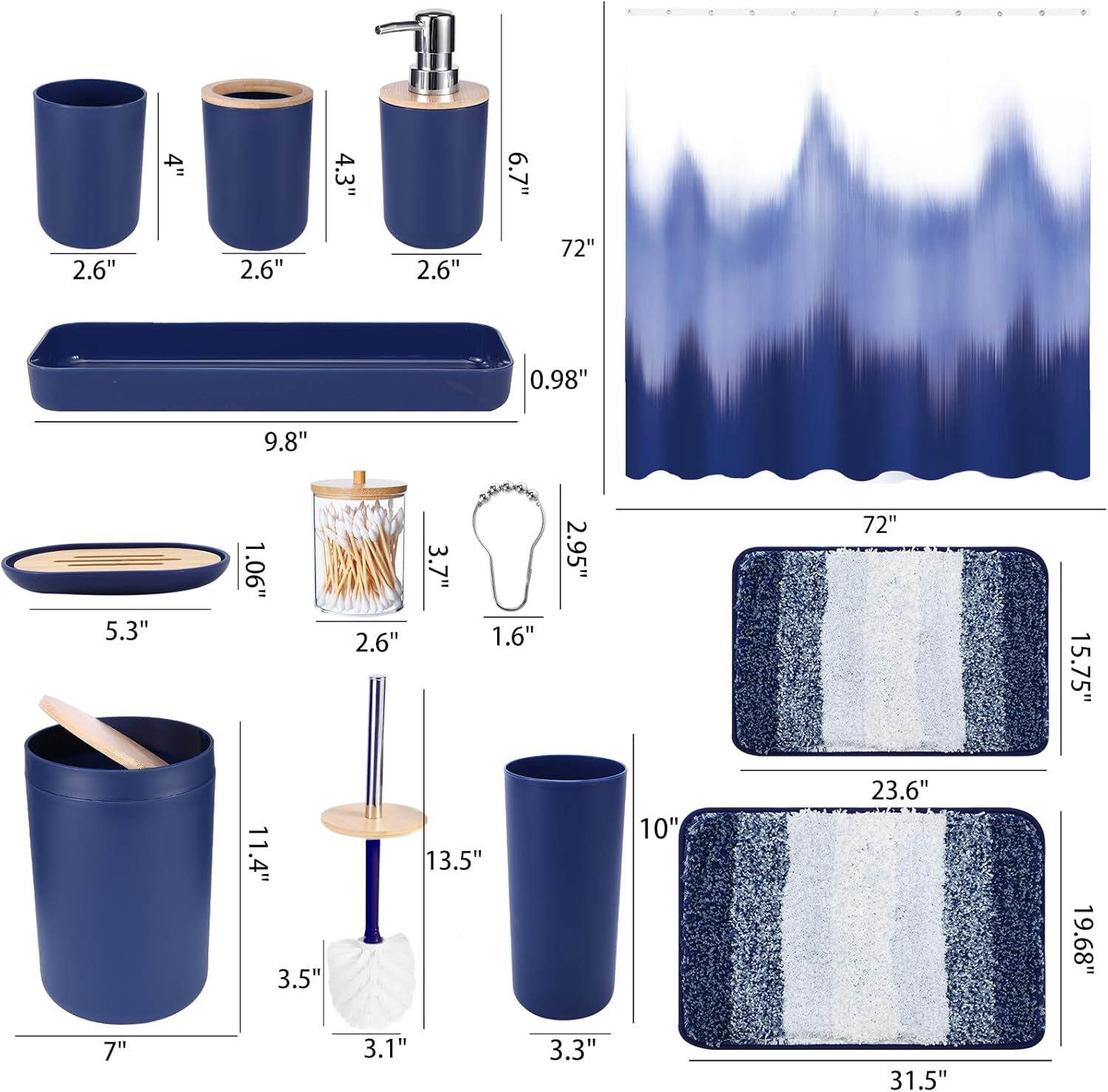 iMucci Navy Blue Bathroom Set with Shower Curtain and Rug 1