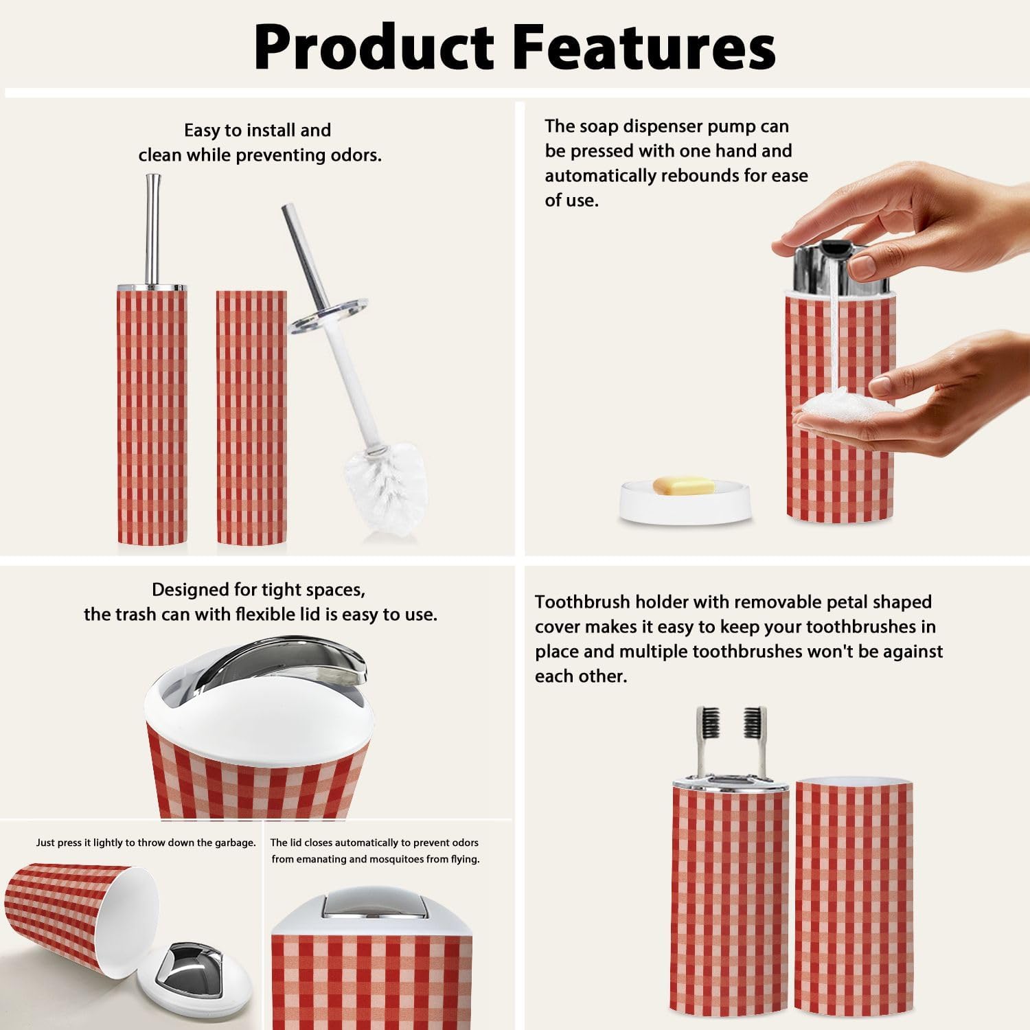 Boho Red Gingham Bathroom Accessories Set 6 Piece