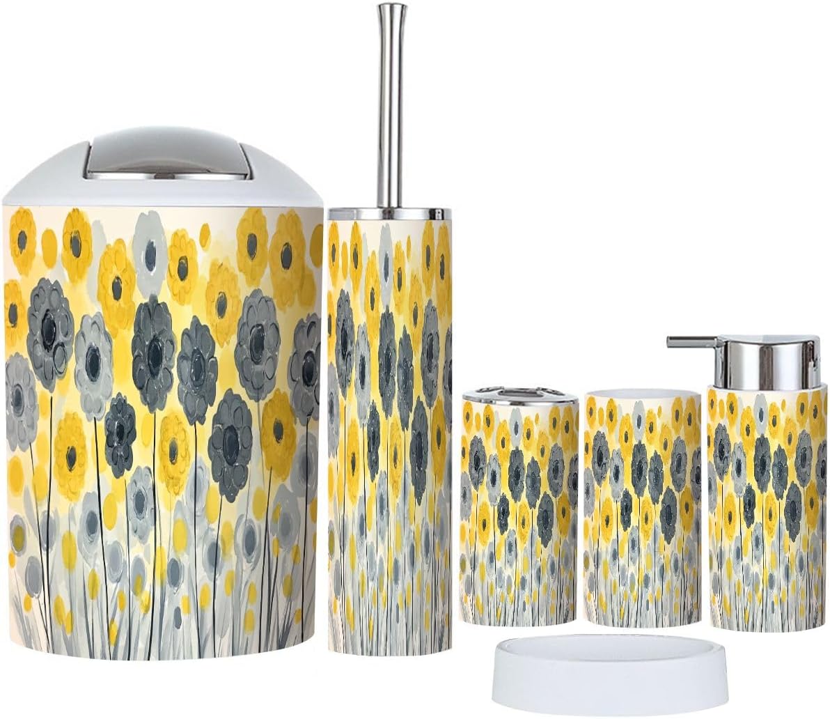 Boho Abstract Trash Can Set 6 Piece Bathroom Accessories