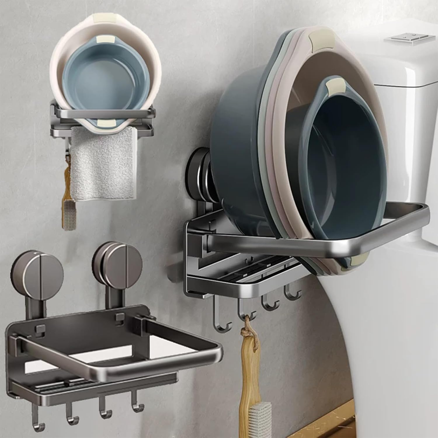 Folding Shower Suction Cup Shelf with Hook and Basin Stand