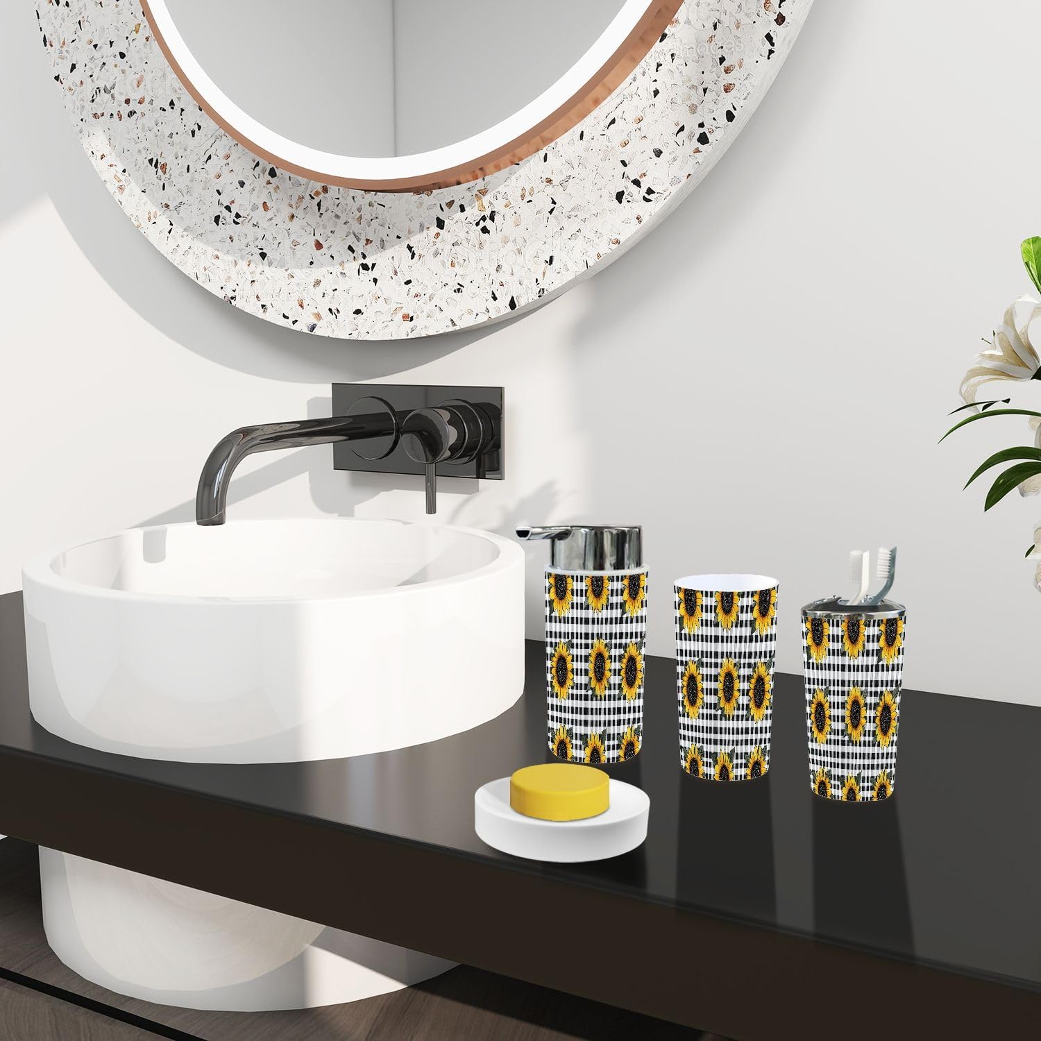 Boho Bright Sunflowers Bathroom Accessory Set 6 Piece 1