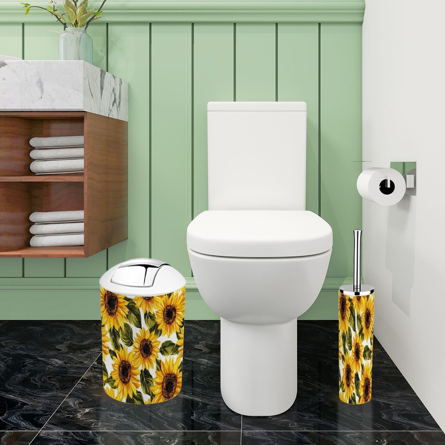 Boho Bathroom Accessories Set 6 Pieces White Sunflowers Design