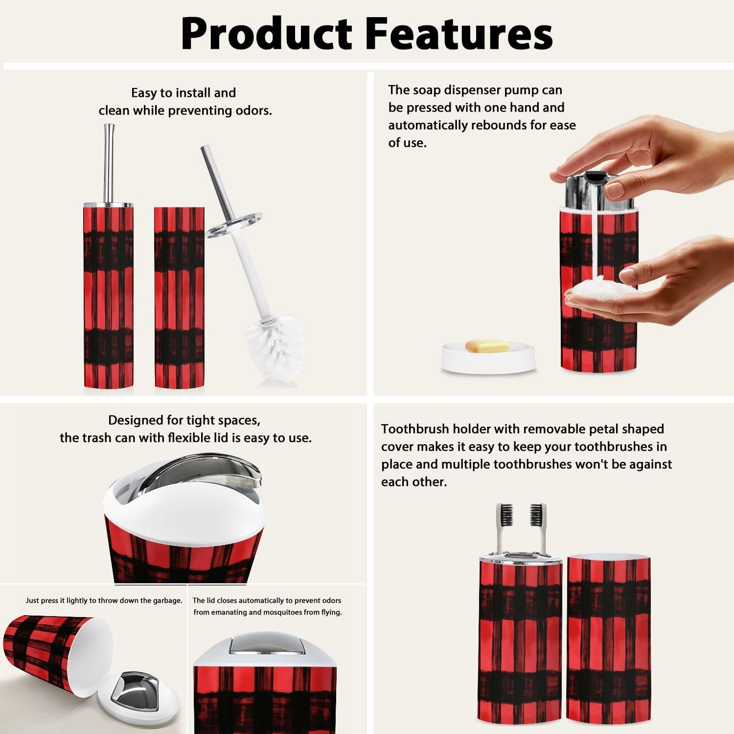 TRANQDEHOM 6-Piece Boho Check Bathroom Accessory Set