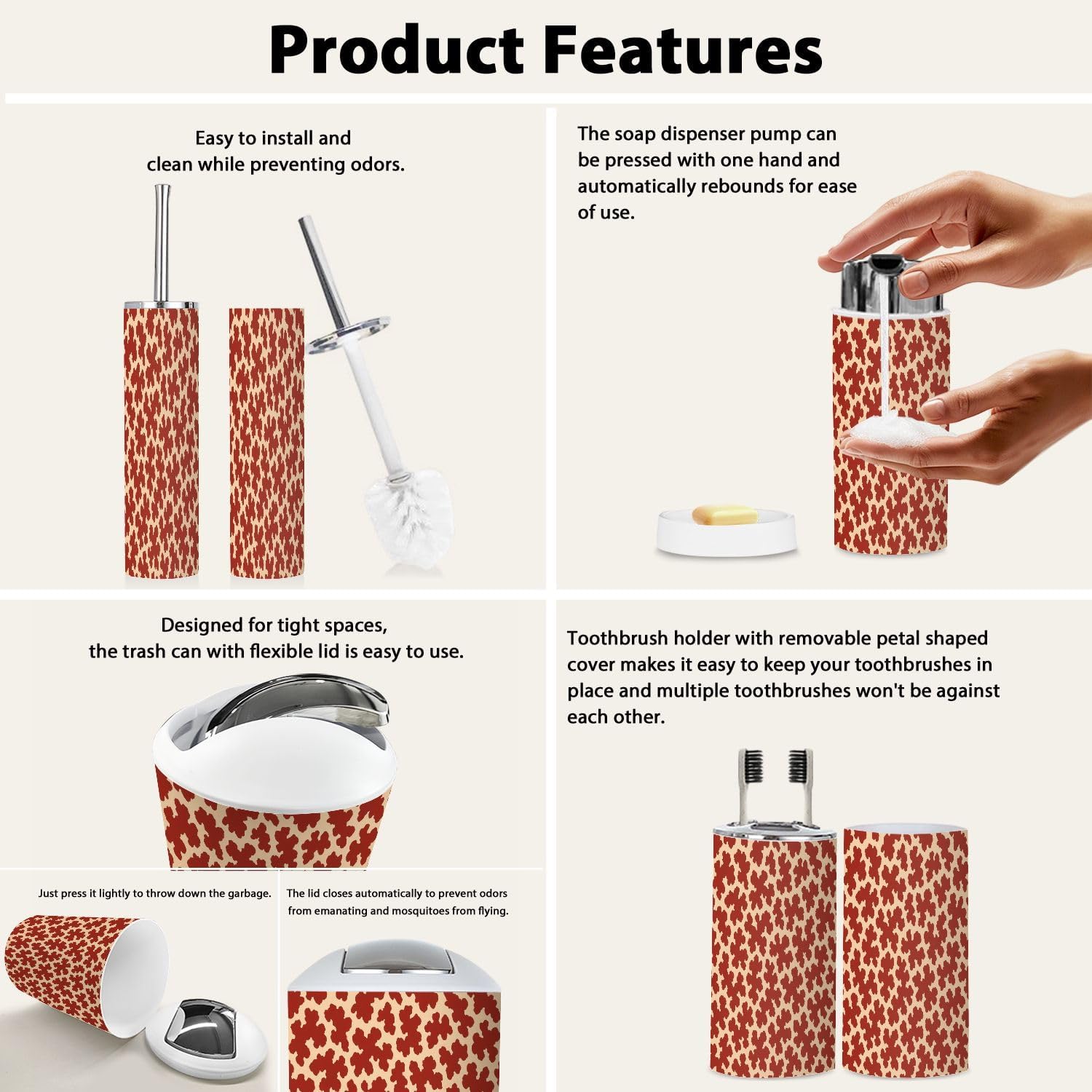 TRANQDEHOM 6 Piece Boho Cow Skin Bathroom Accessory Set